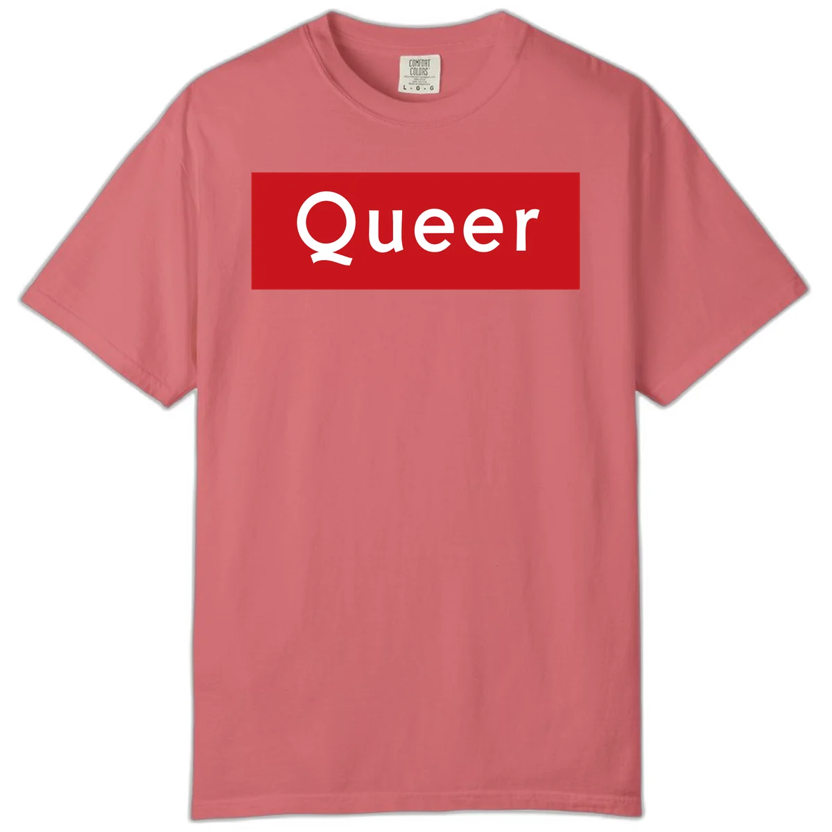 Bold white 'Queer' text on bright red background - a powerful queer pride statement design in Watermelon