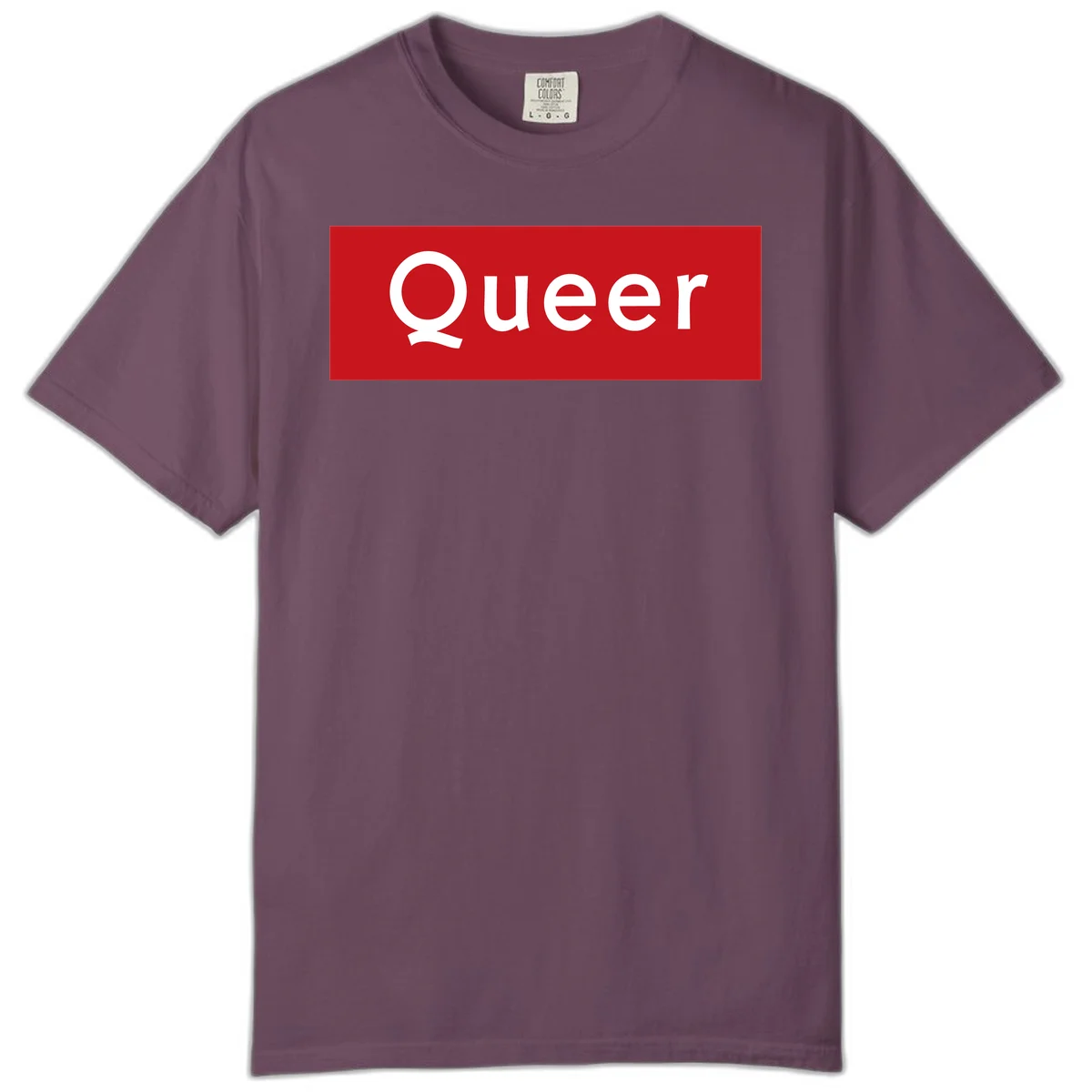 Bold white 'Queer' text on bright red background - a powerful queer pride statement design in Berry
