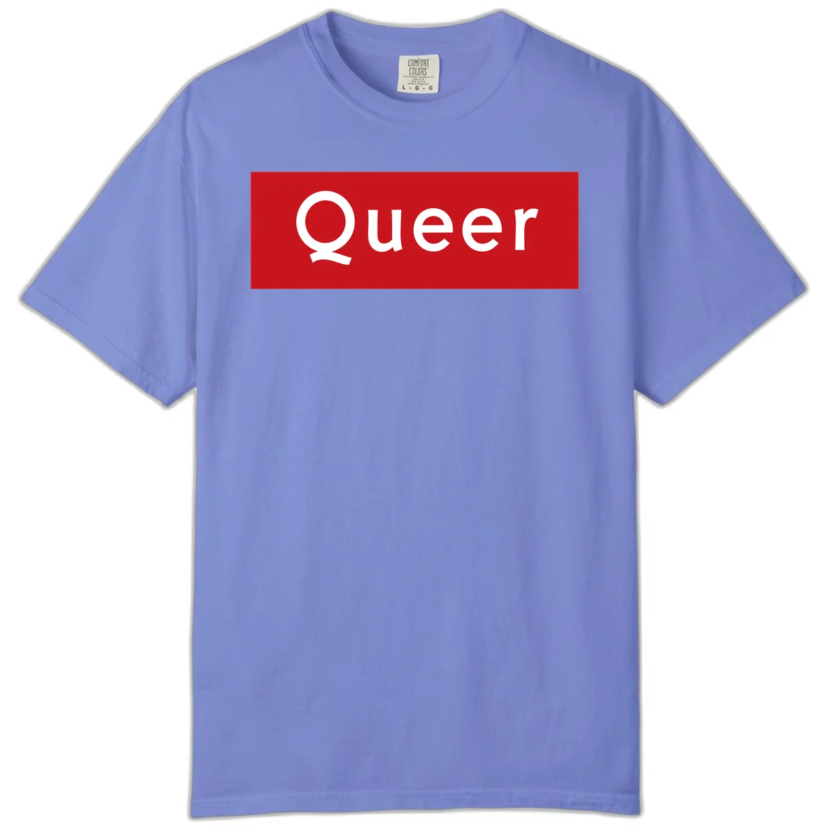 Bold white 'Queer' text on bright red background - a powerful queer pride statement design in Flo Blue