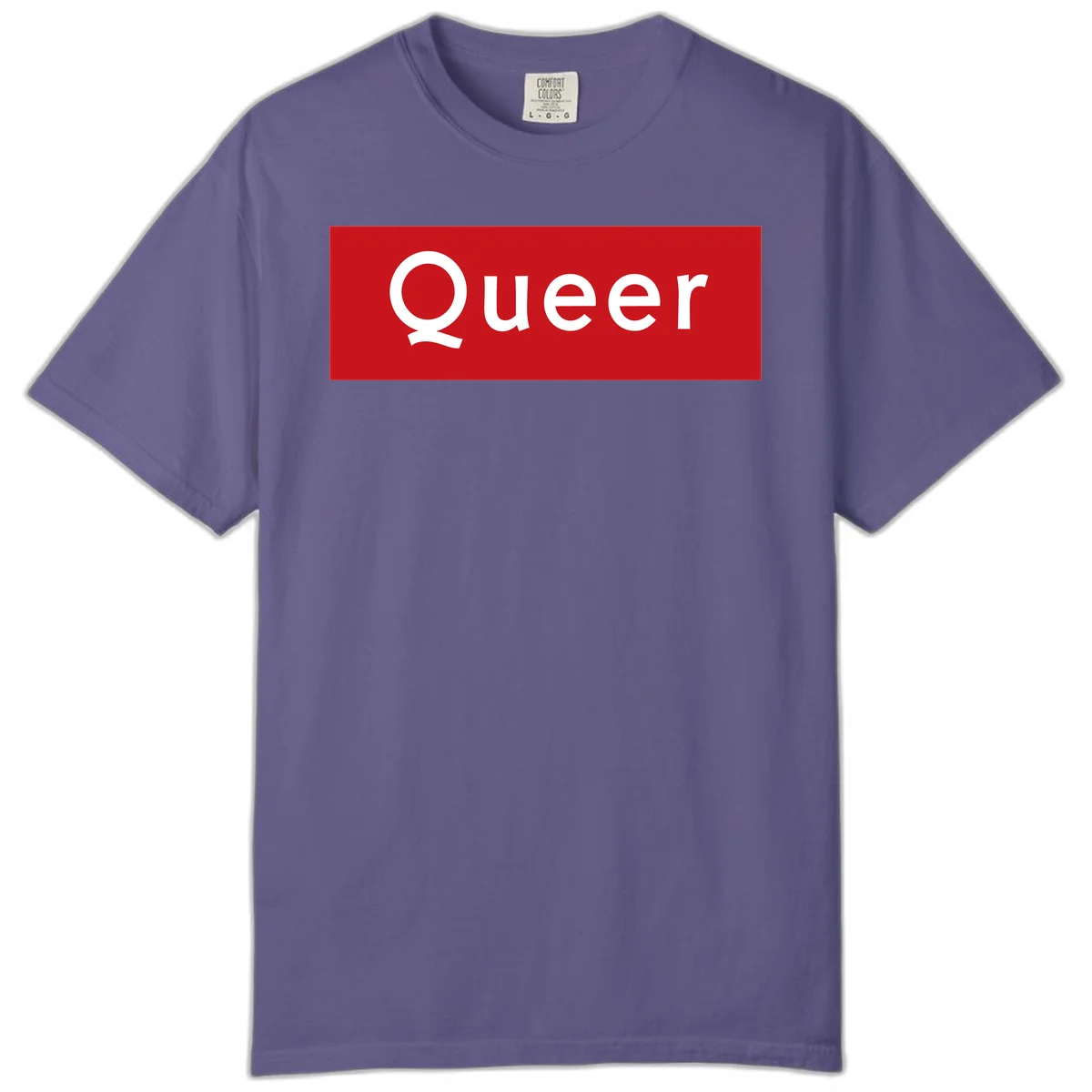 Bold white 'Queer' text on bright red background - a powerful queer pride statement design in Grape
