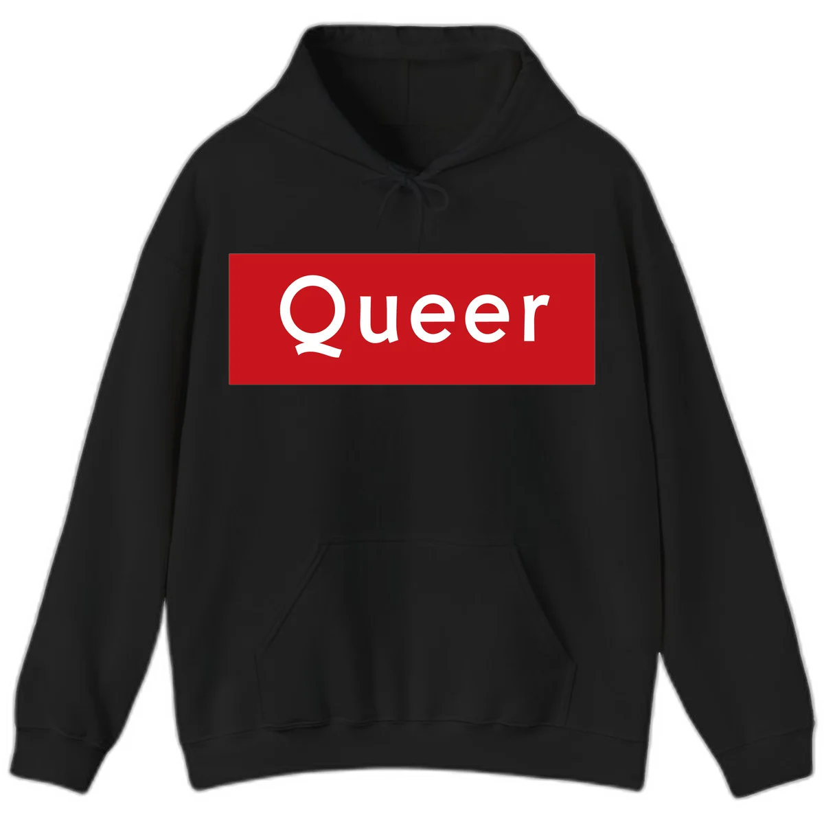Bold white 'Queer' text on bright red background - a powerful queer pride statement design in Black