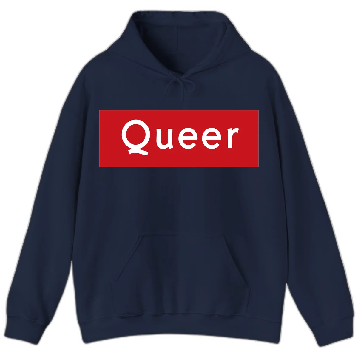 Bold white 'Queer' text on bright red background - a powerful queer pride statement design in Navy