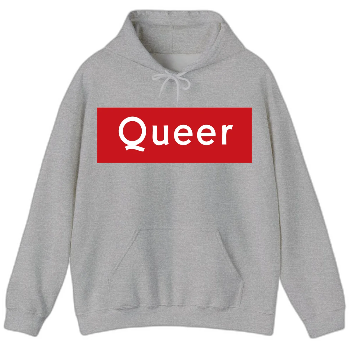 Bold white 'Queer' text on bright red background - a powerful queer pride statement design in Sport Grey