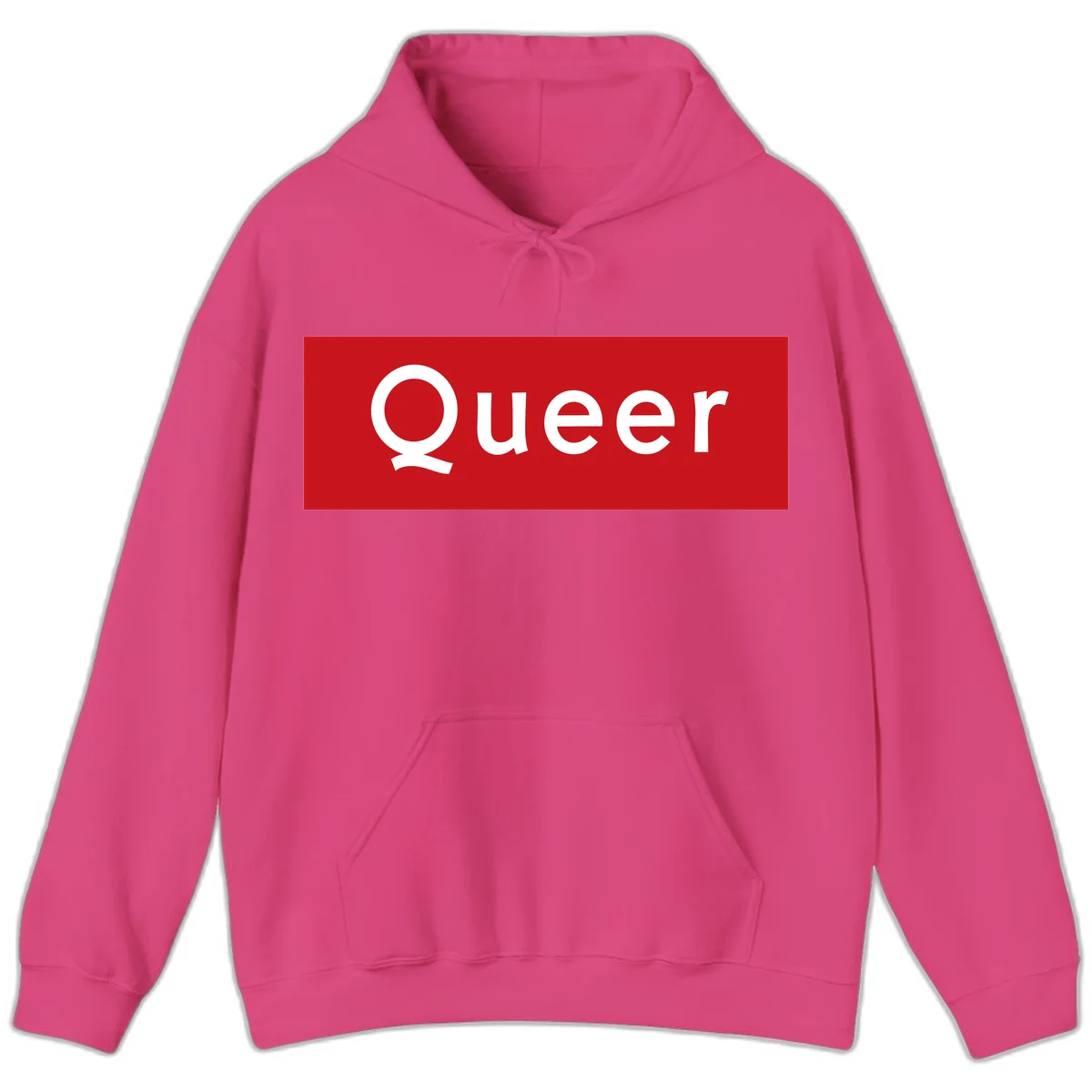 Bold white 'Queer' text on bright red background - a powerful queer pride statement design in Heliconia
