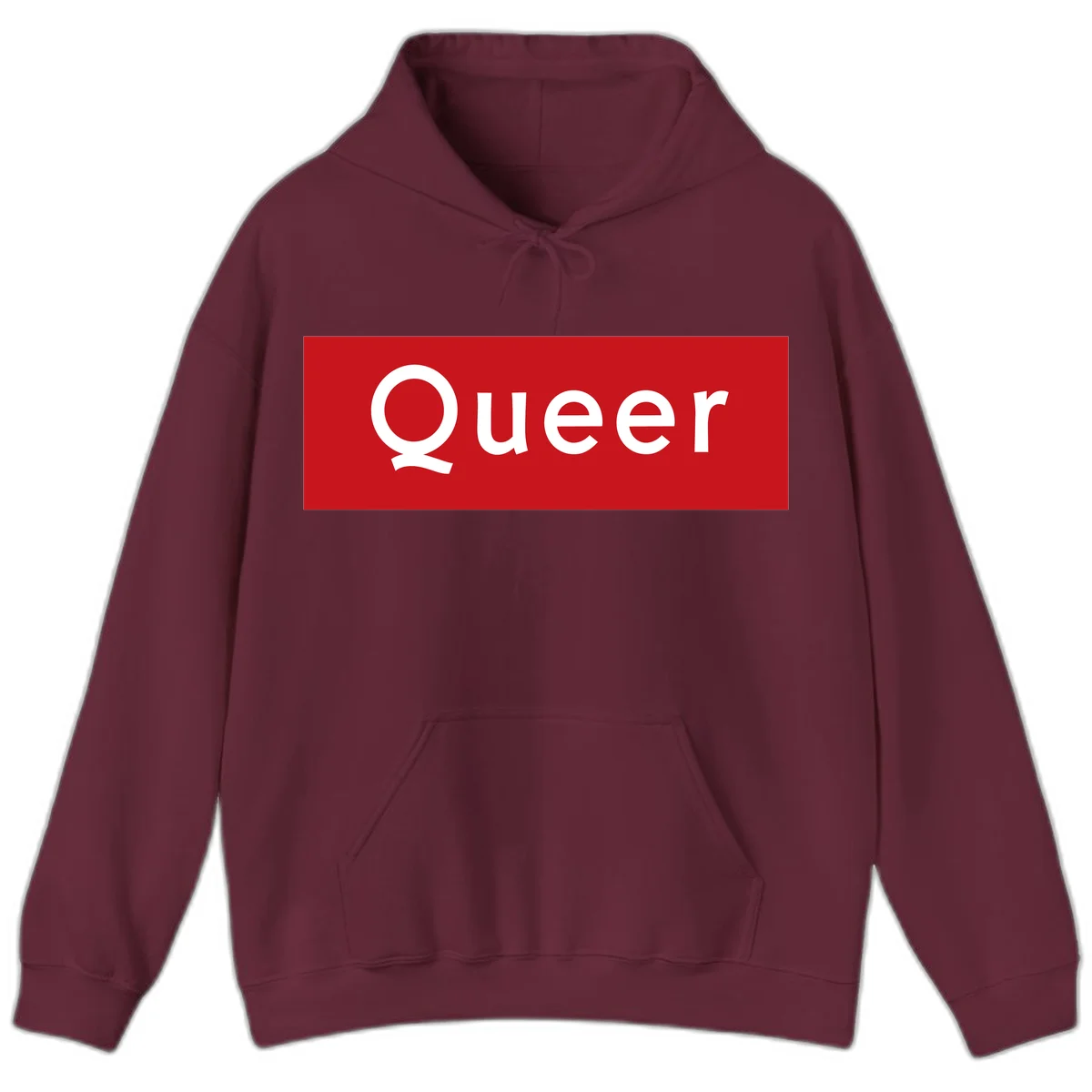 Bold white 'Queer' text on bright red background - a powerful queer pride statement design in Maroon
