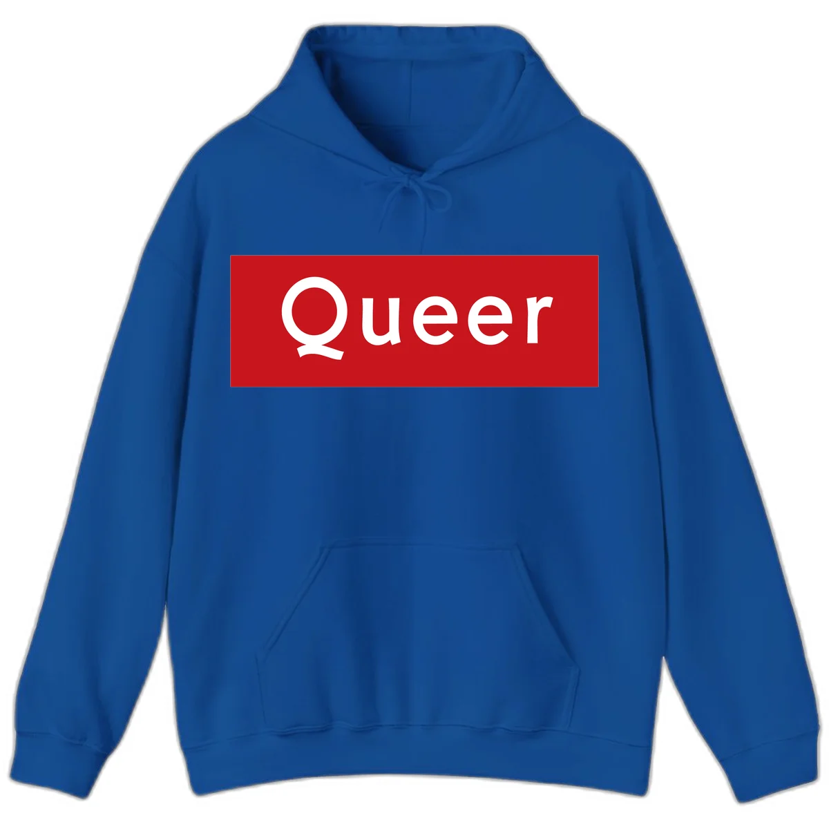 Bold white 'Queer' text on bright red background - a powerful queer pride statement design in Royal