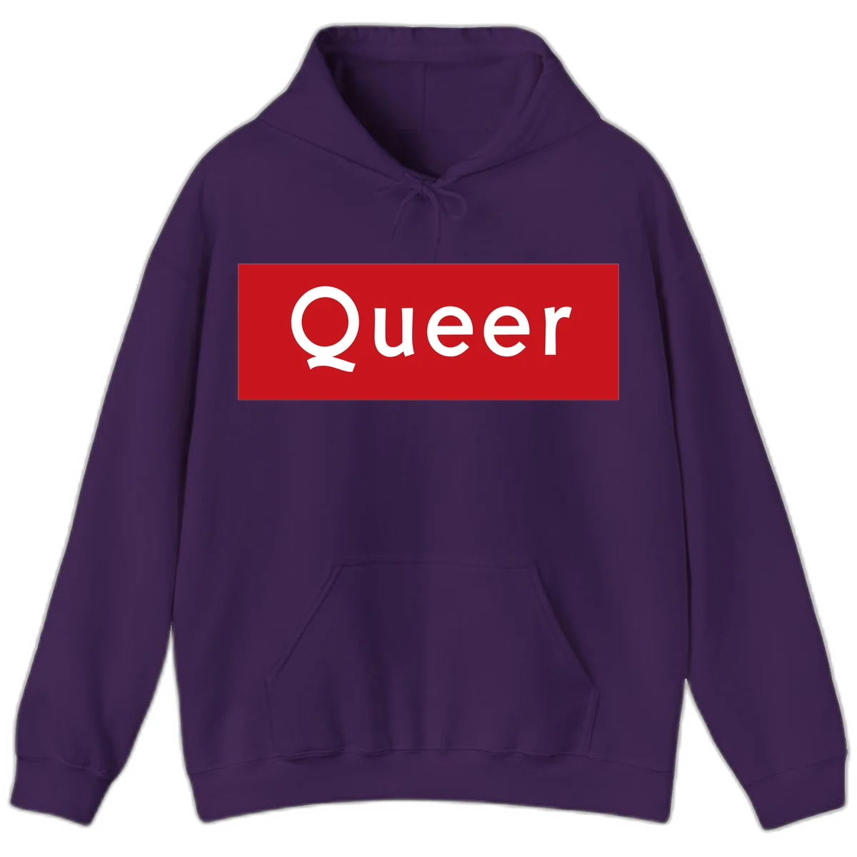 Bold white 'Queer' text on bright red background - a powerful queer pride statement design in Purple
