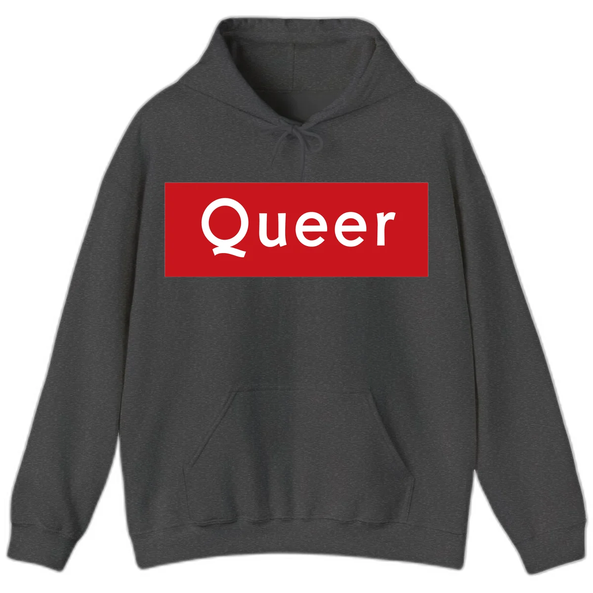 Bold white 'Queer' text on bright red background - a powerful queer pride statement design in Dark Heather