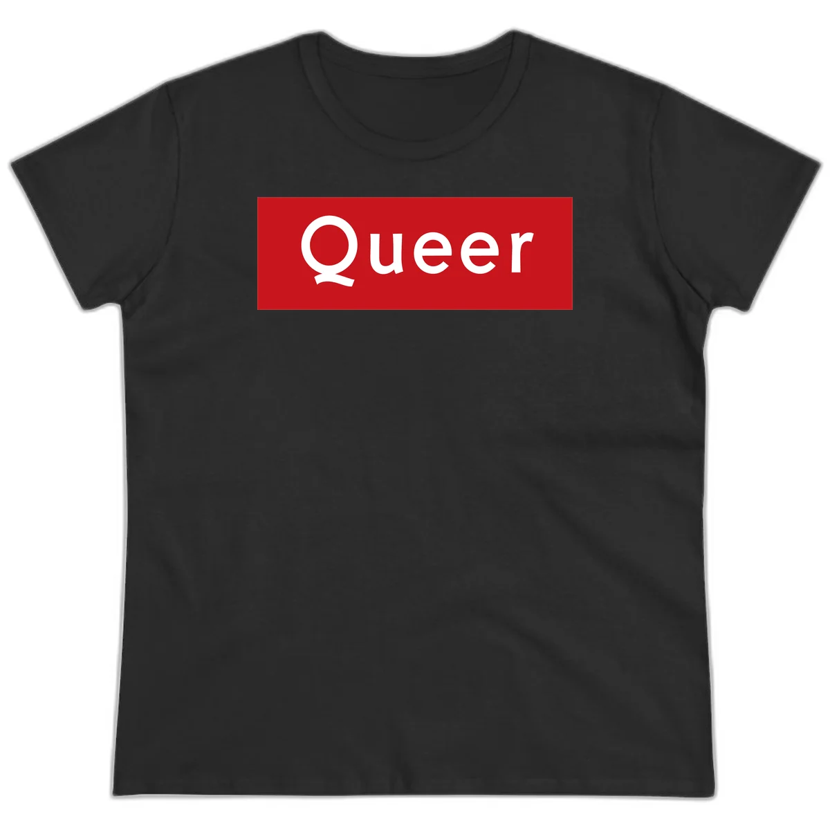 Bold white 'Queer' text on bright red background - a powerful queer pride statement design in Black