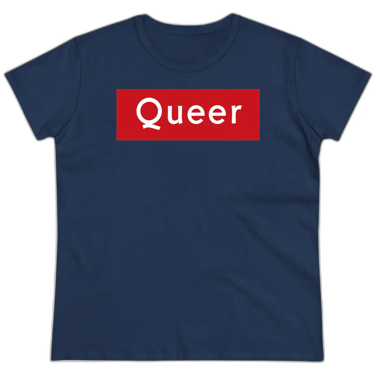 Bold white 'Queer' text on bright red background - a powerful queer pride statement design in Navy