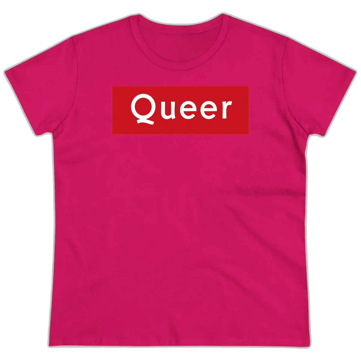 Bold white 'Queer' text on bright red background - a powerful queer pride statement design in Heliconia