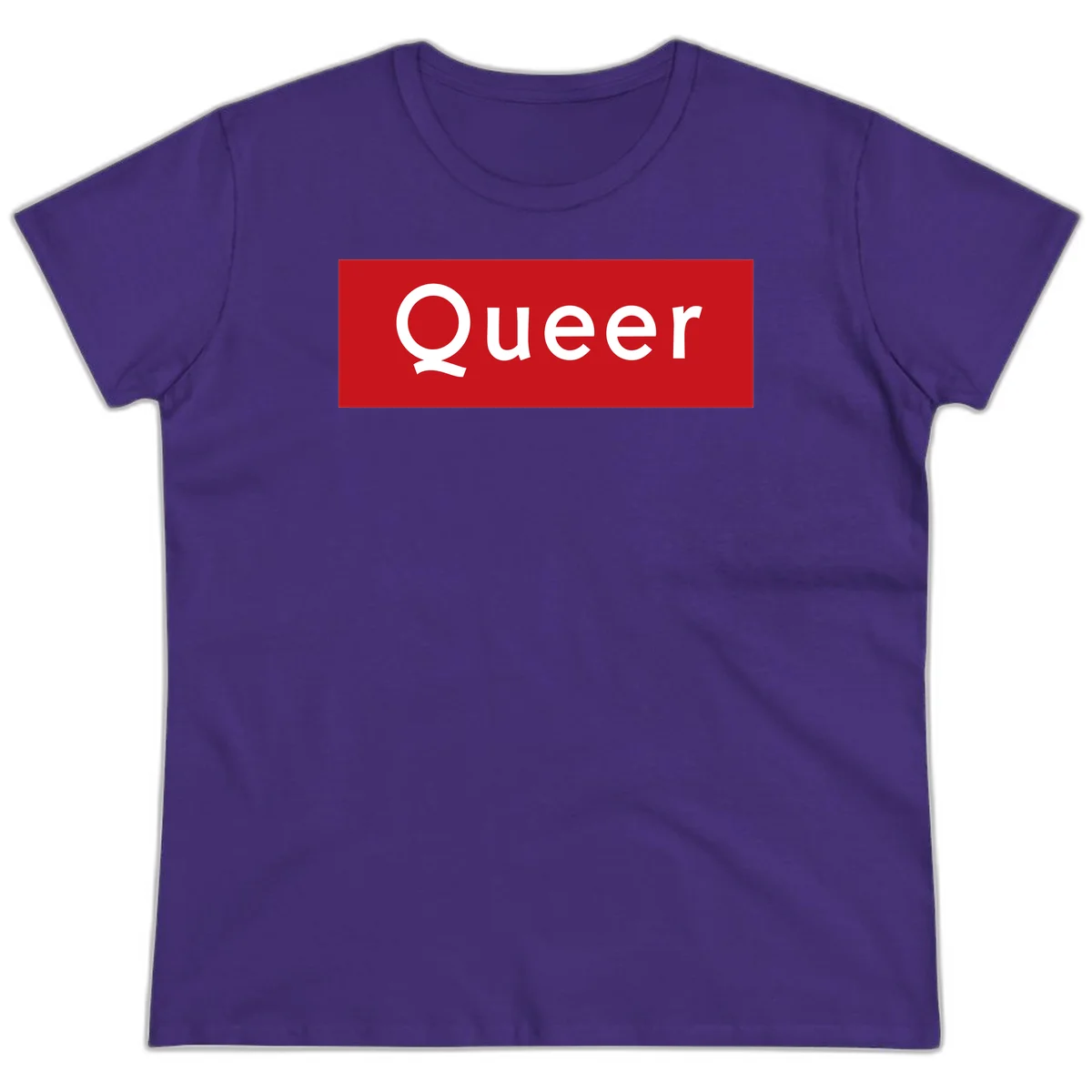 Bold white 'Queer' text on bright red background - a powerful queer pride statement design in Purple