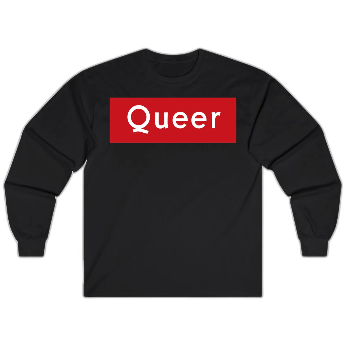 Bold white 'Queer' text on bright red background - a powerful queer pride statement design in Black
