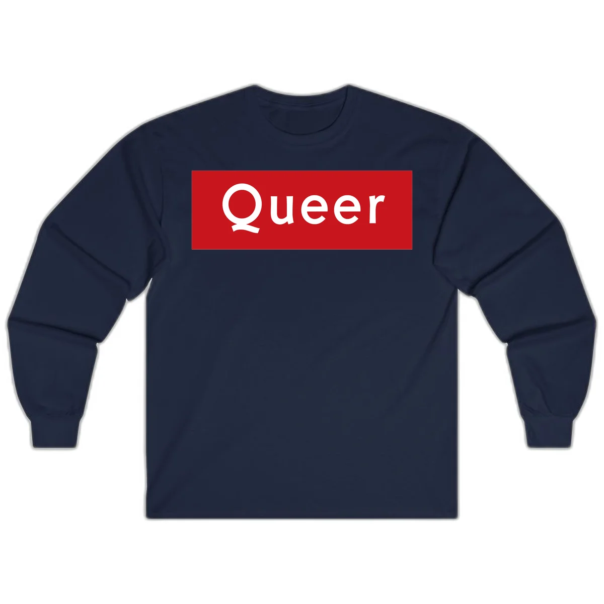 Bold white 'Queer' text on bright red background - a powerful queer pride statement design in Navy