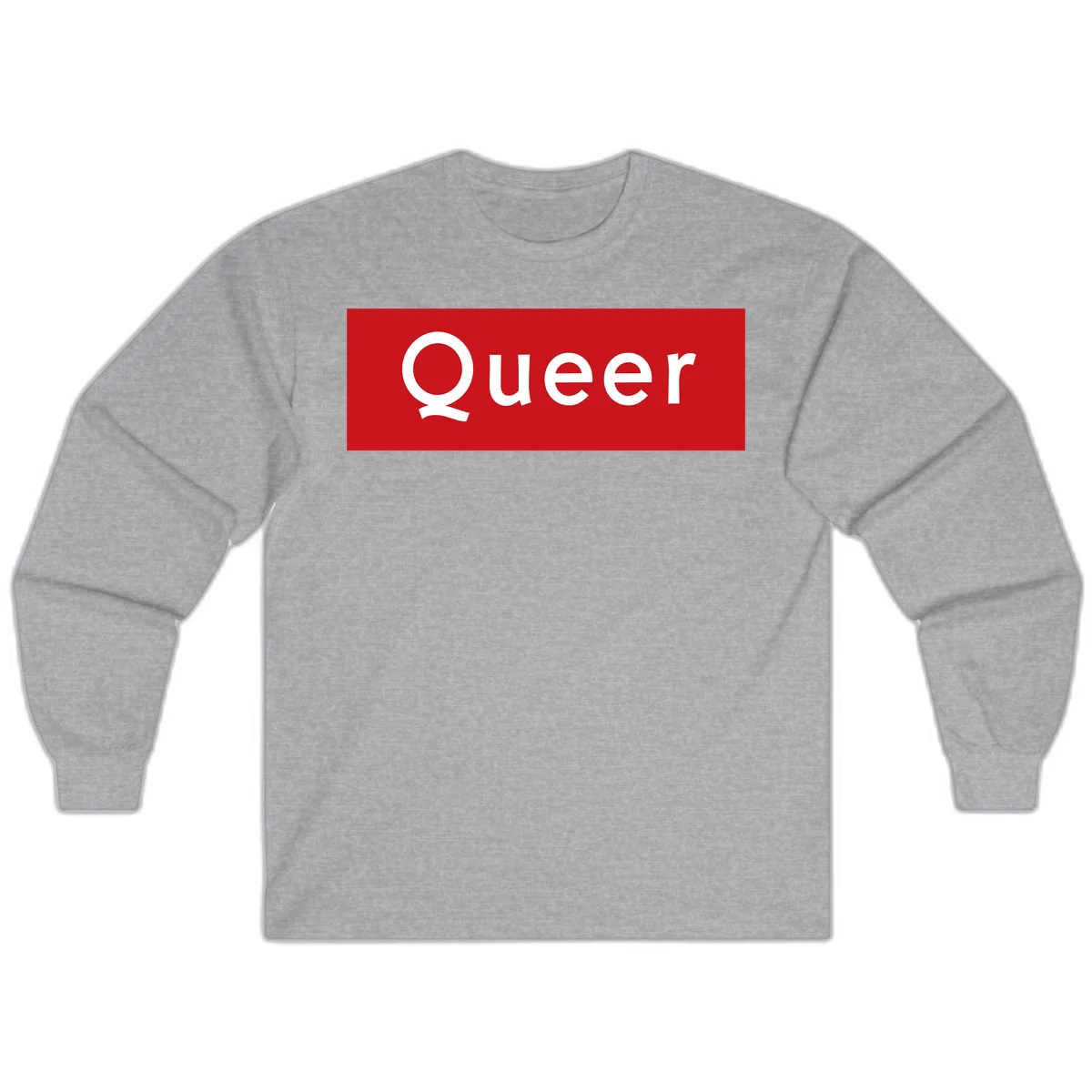 Bold white 'Queer' text on bright red background - a powerful queer pride statement design in Sport Grey