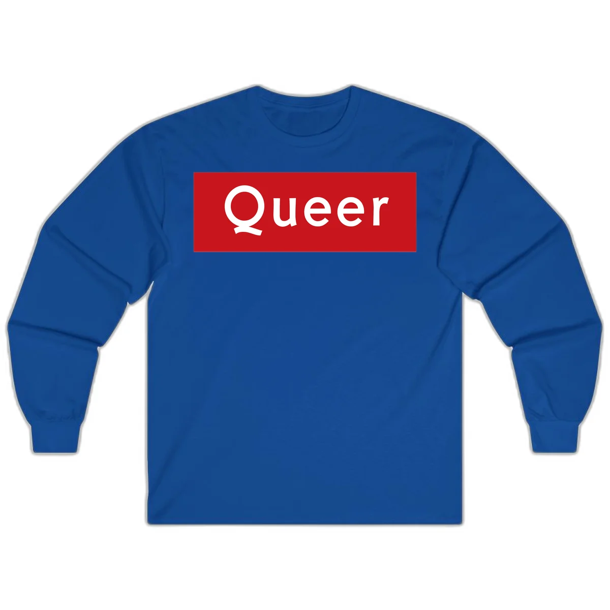 Bold white 'Queer' text on bright red background - a powerful queer pride statement design in Royal