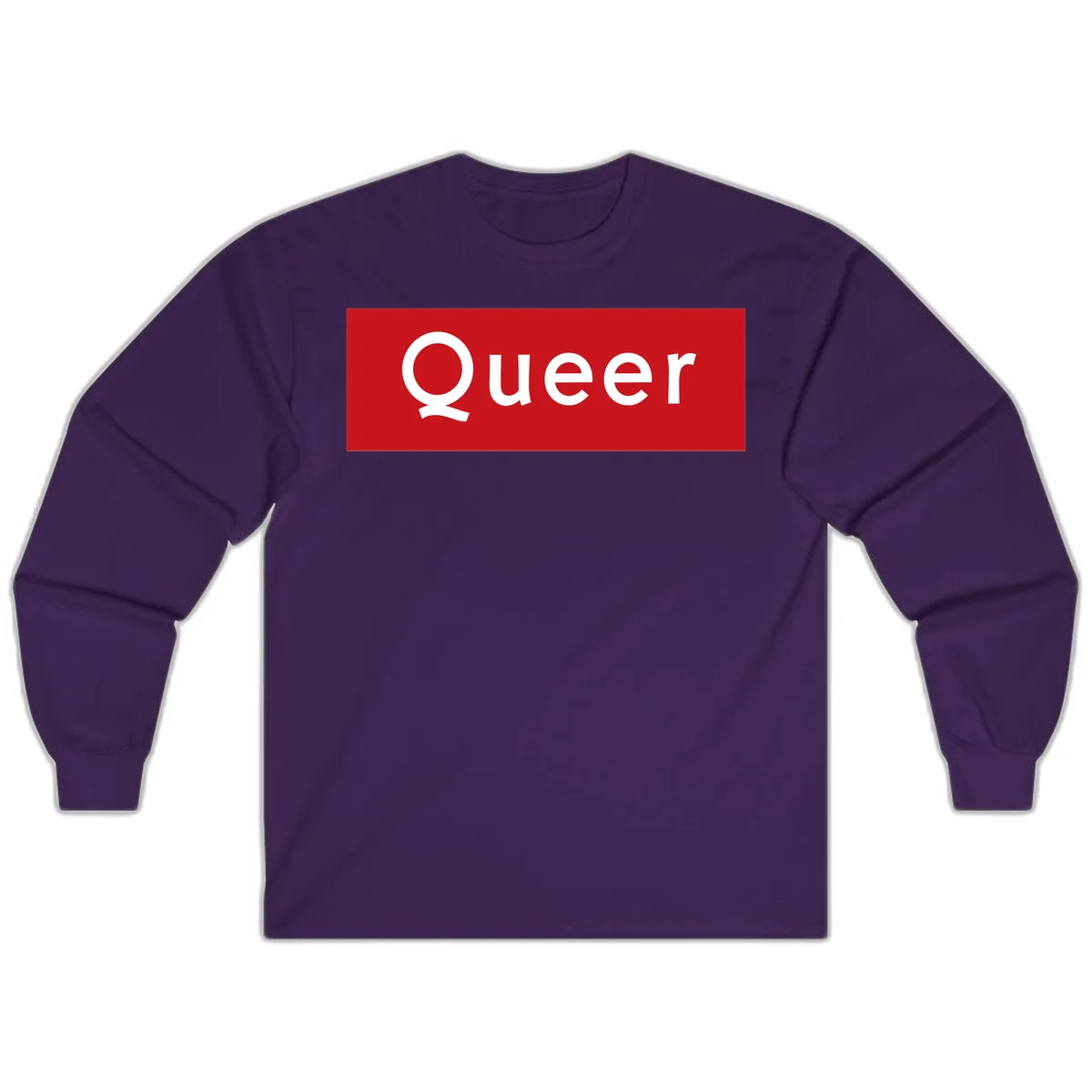 Bold white 'Queer' text on bright red background - a powerful queer pride statement design in Purple