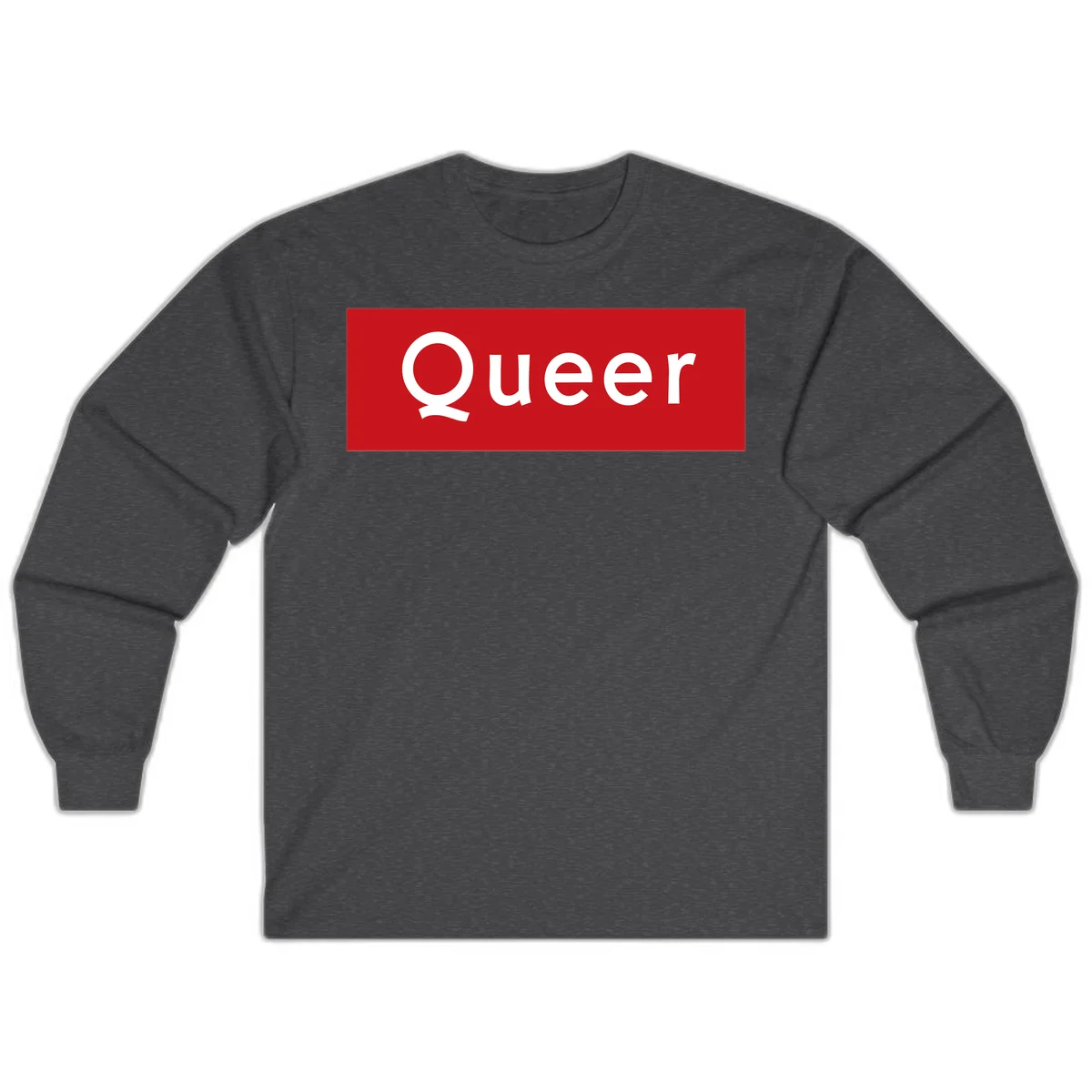 Bold white 'Queer' text on bright red background - a powerful queer pride statement design in Dark Heather