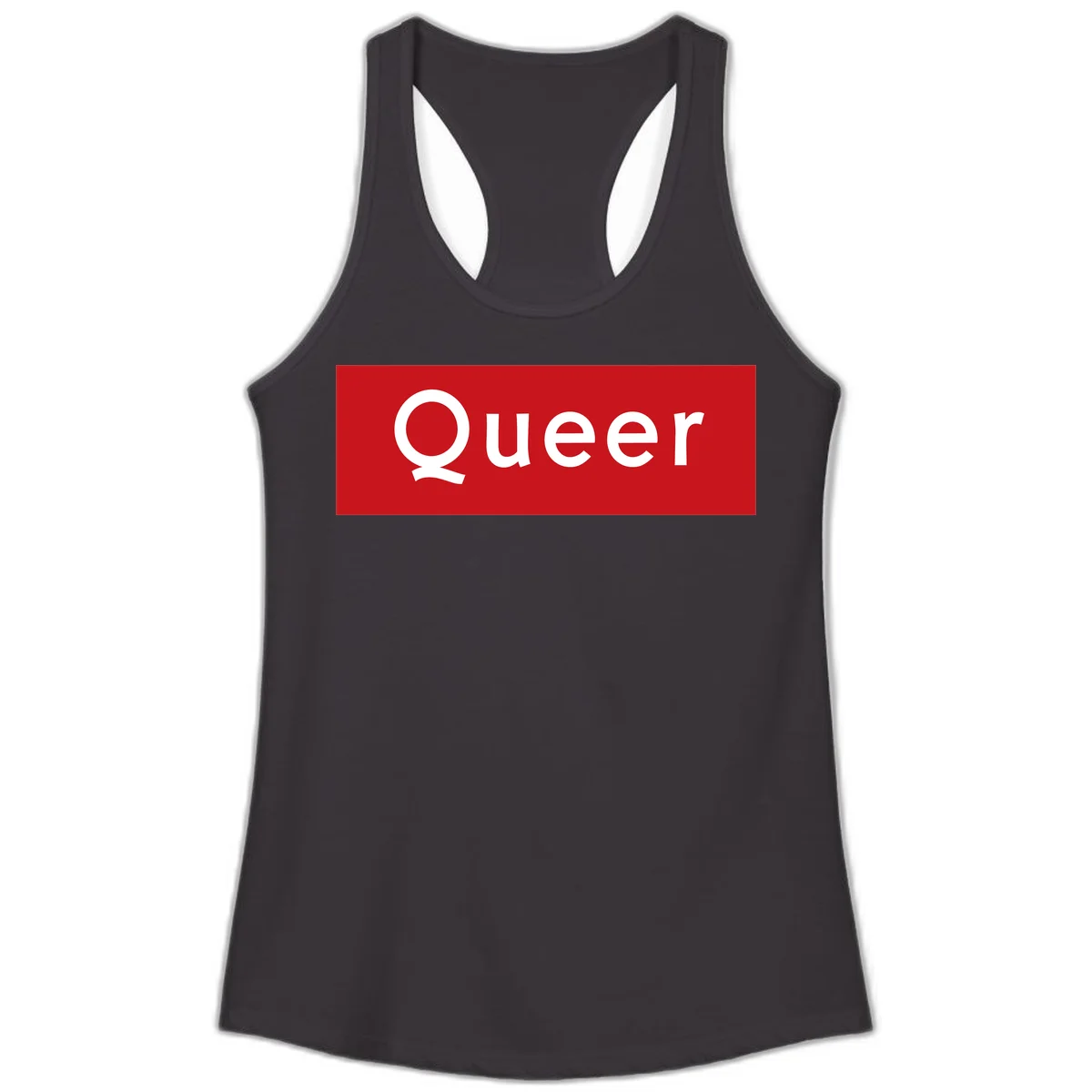 Bold white 'Queer' text on bright red background - a powerful queer pride statement design in Black