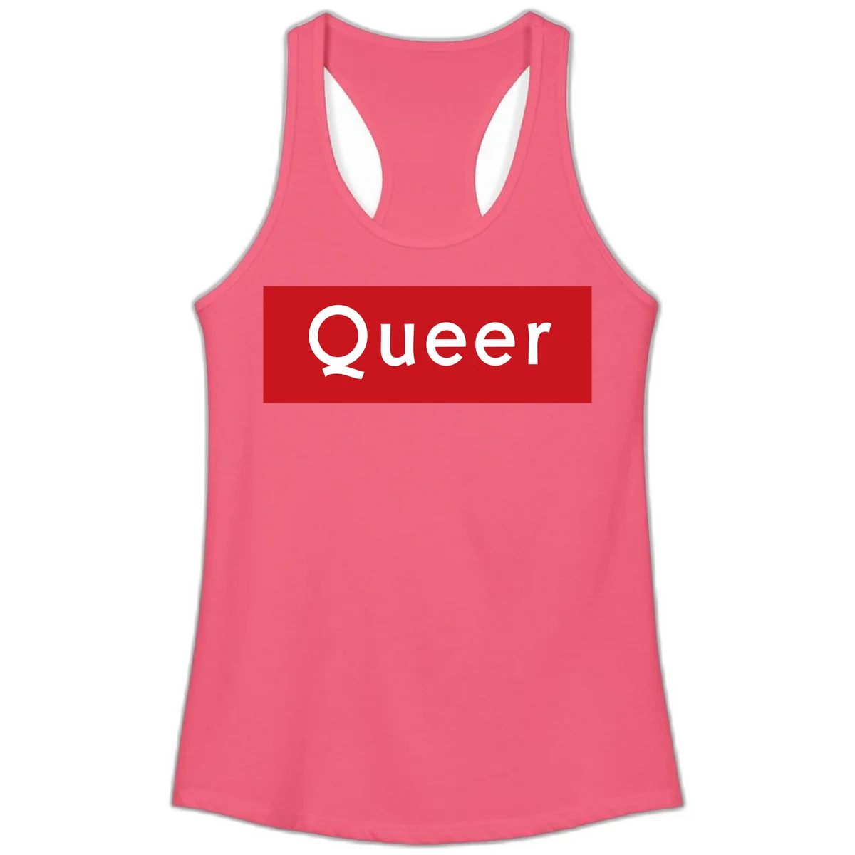 Bold white 'Queer' text on bright red background - a powerful queer pride statement design in Hot Pink