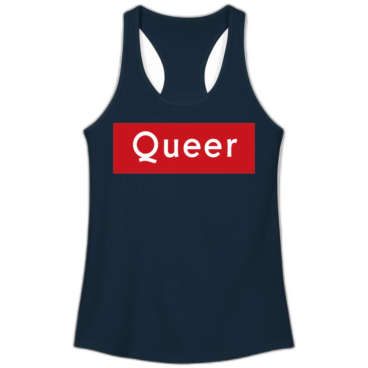 Bold white 'Queer' text on bright red background - a powerful queer pride statement design in Solid Midnight Navy