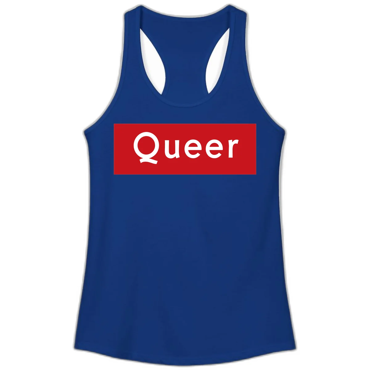 Bold white 'Queer' text on bright red background - a powerful queer pride statement design in Solid Royal