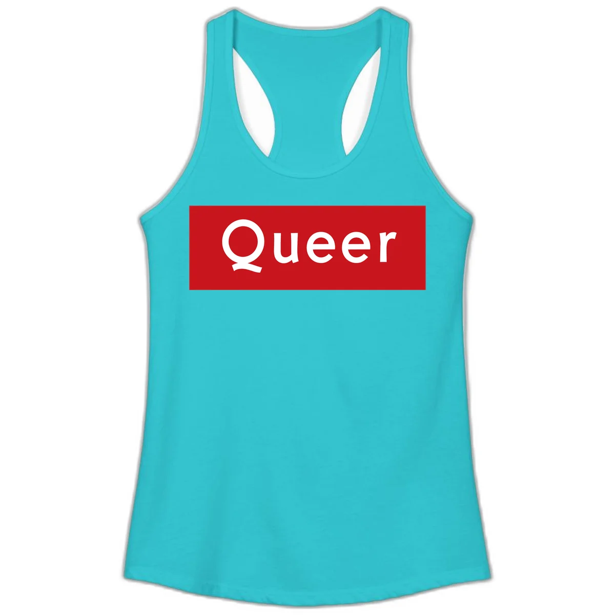 Bold white 'Queer' text on bright red background - a powerful queer pride statement design in Solid Tahiti Blue