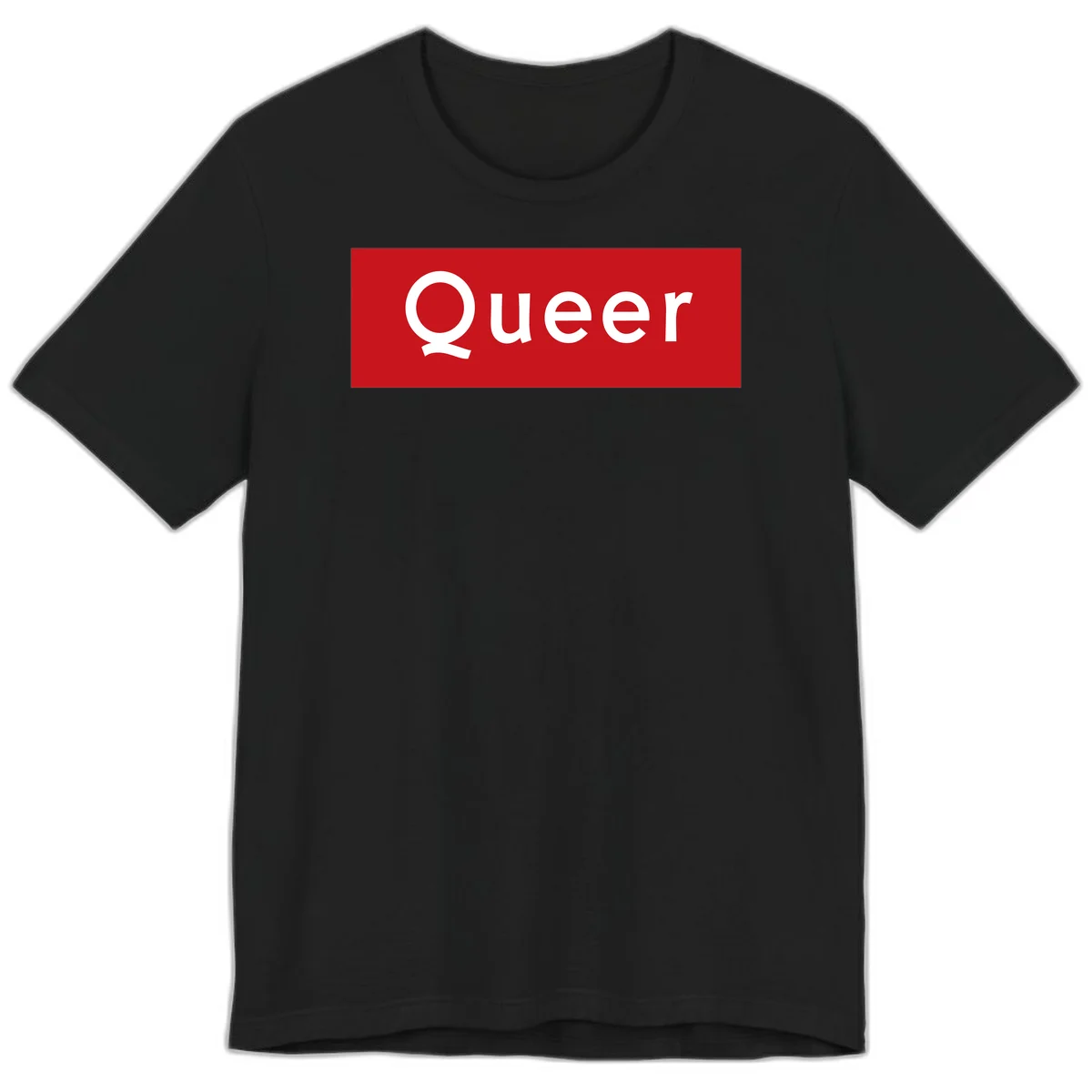 Bold white 'Queer' text on bright red background - a powerful queer pride statement design in Black