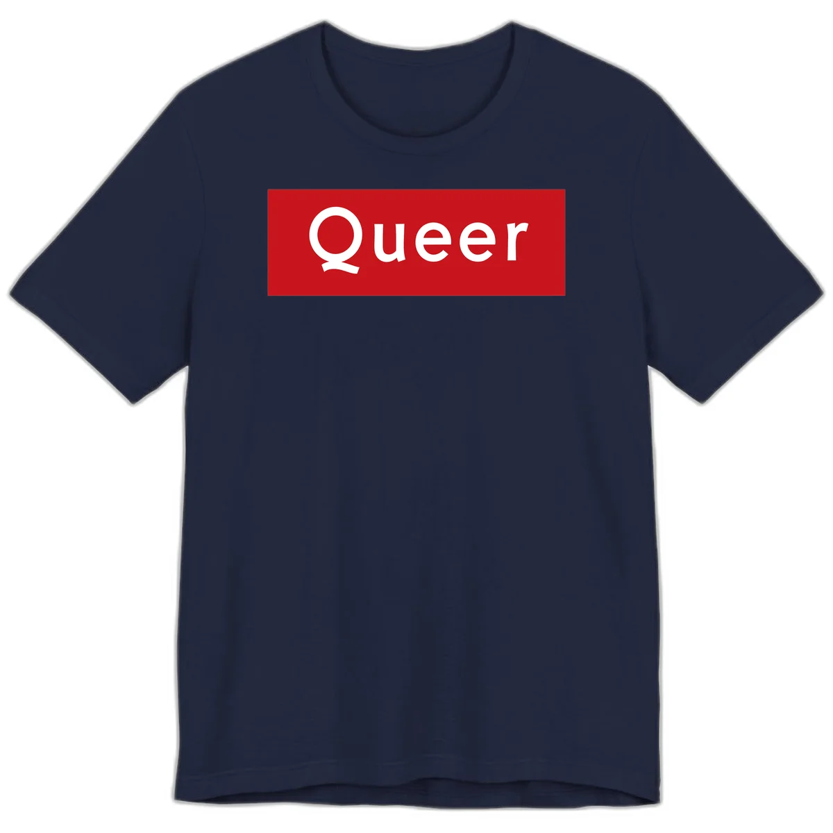 Bold white 'Queer' text on bright red background - a powerful queer pride statement design in Navy