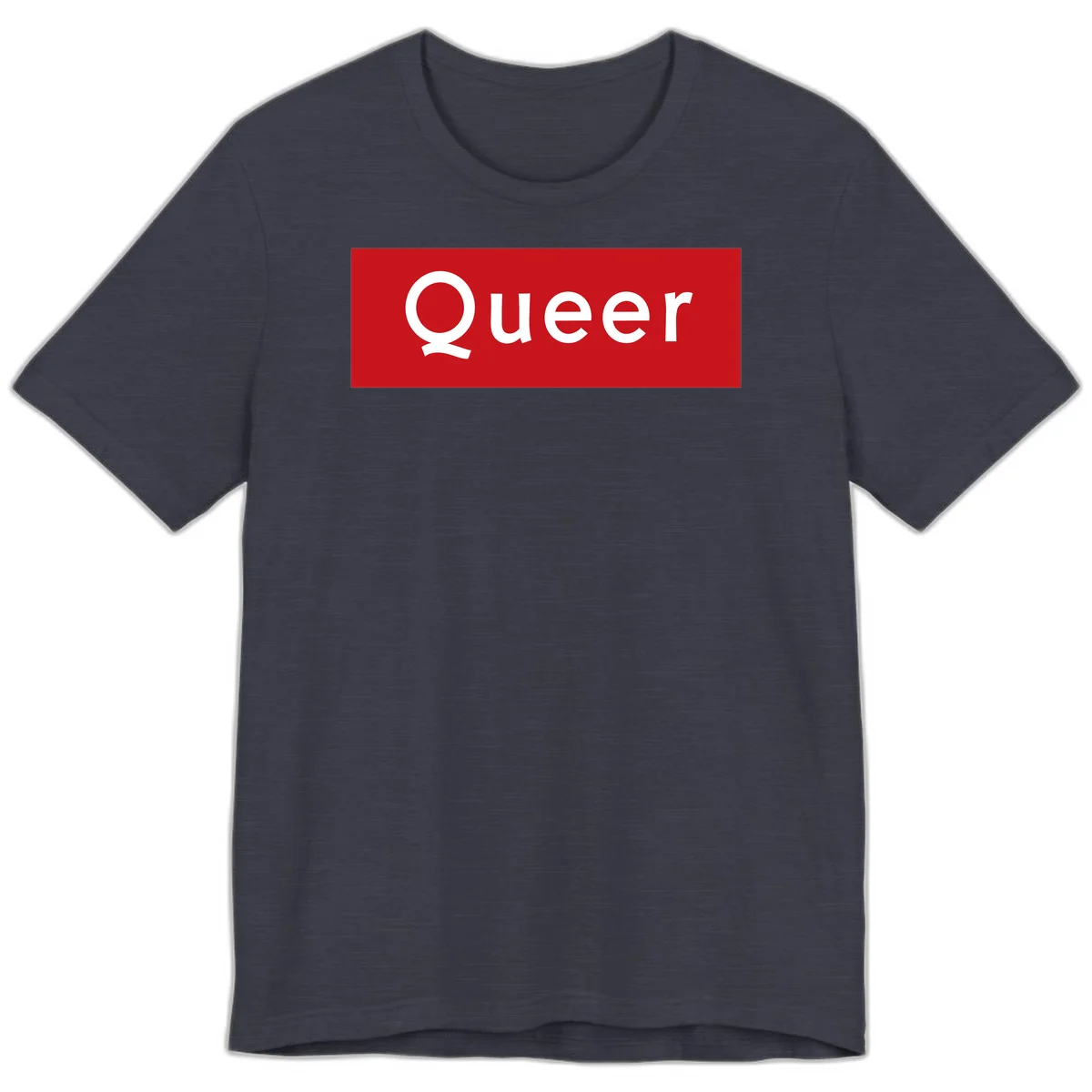 Bold white 'Queer' text on bright red background - a powerful queer pride statement design in Heather Midnight Navy