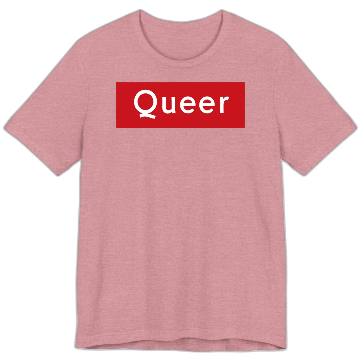 Bold white 'Queer' text on bright red background - a powerful queer pride statement design in Heather Orchid