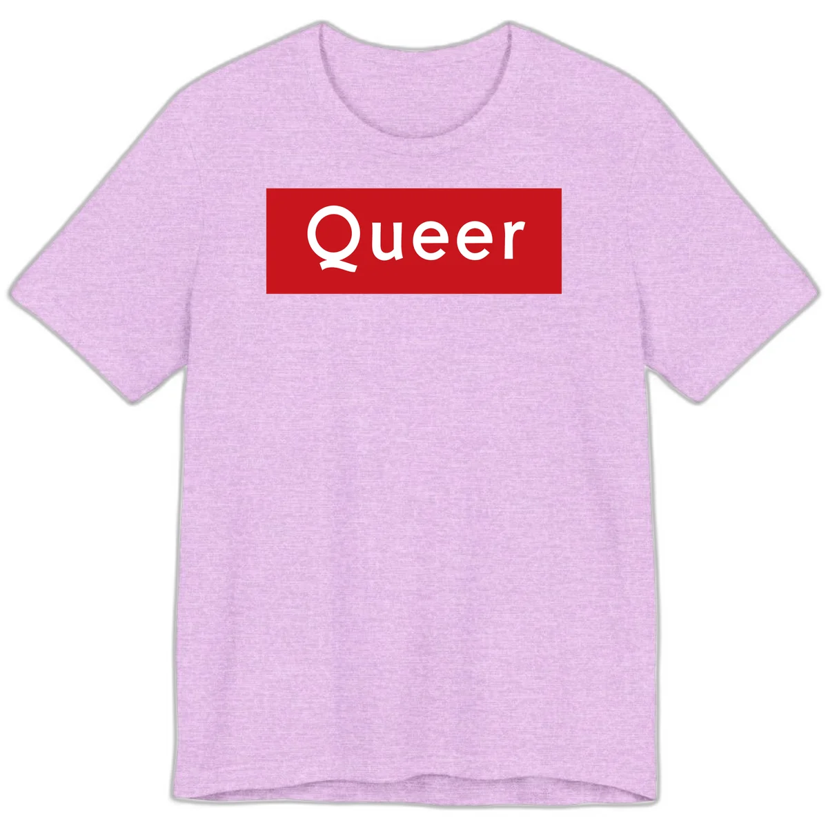 Bold white 'Queer' text on bright red background - a powerful queer pride statement design in Heather Prism Lilac