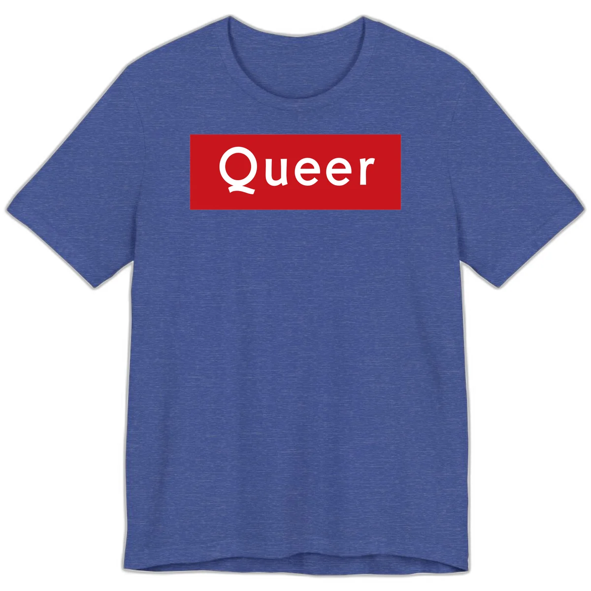 Bold white 'Queer' text on bright red background - a powerful queer pride statement design in Heather True Royal