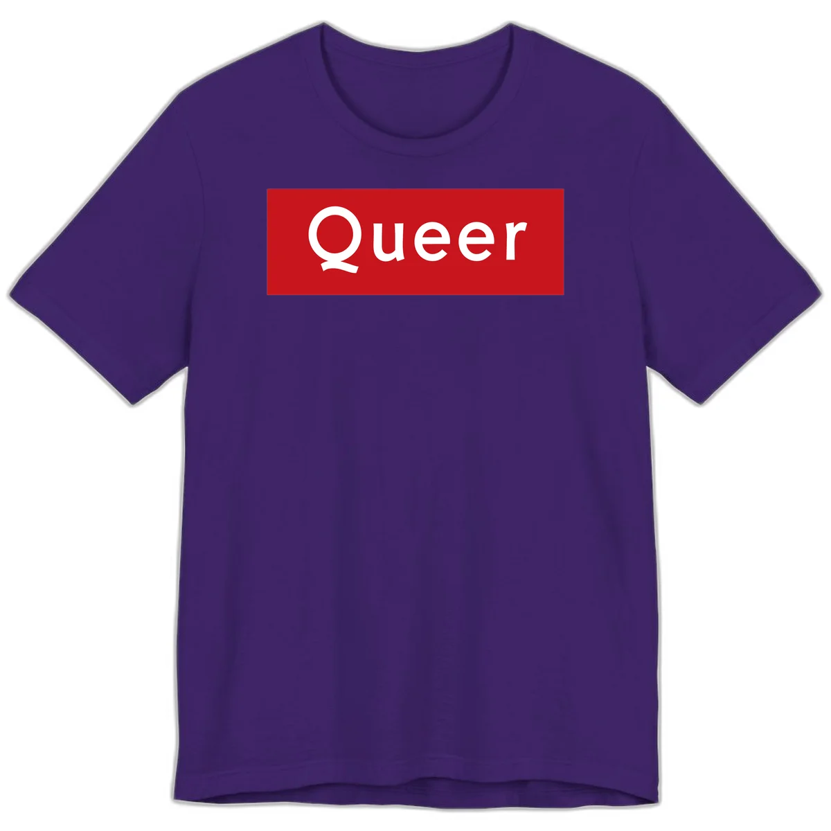 Bold white 'Queer' text on bright red background - a powerful queer pride statement design in Team Purple