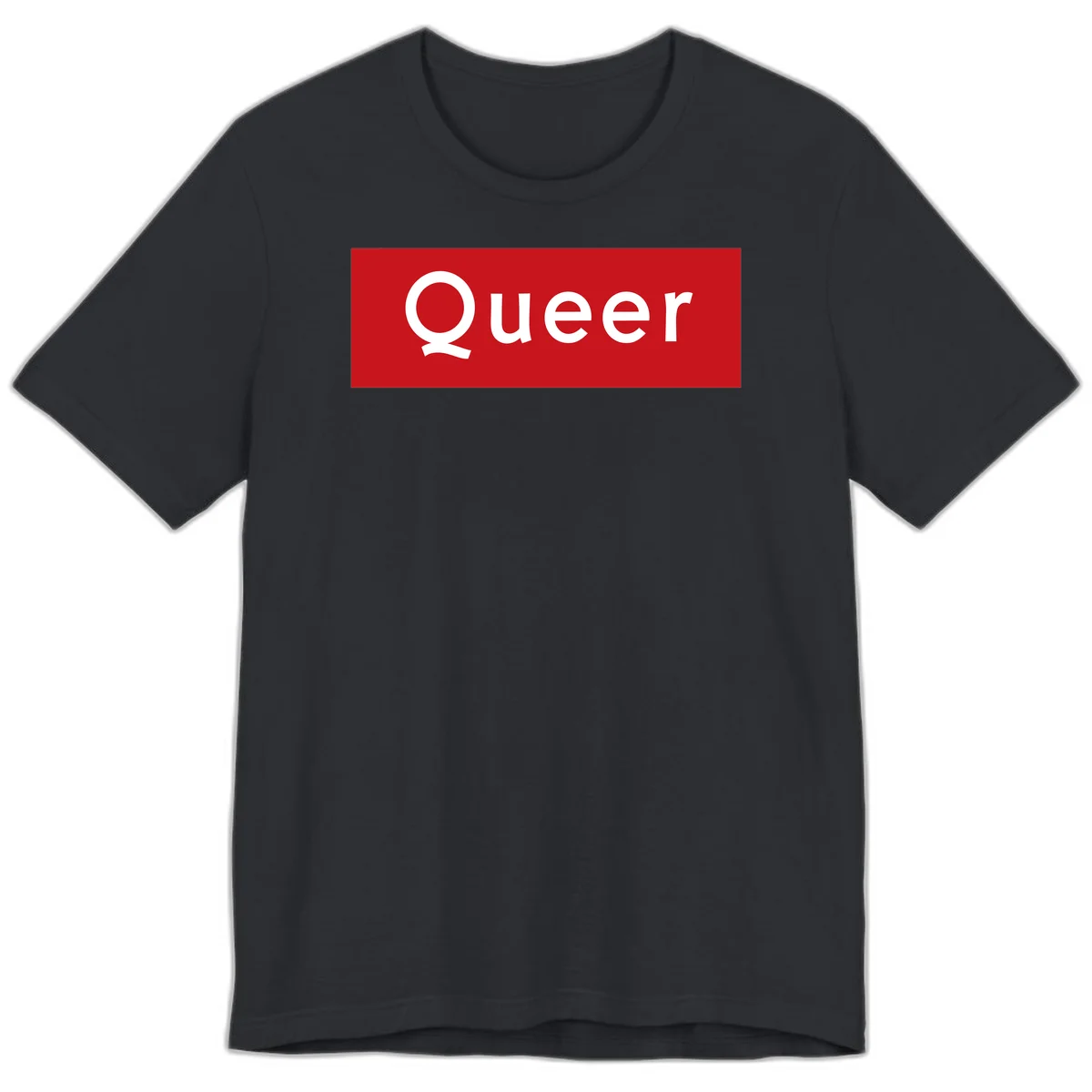 Bold white 'Queer' text on bright red background - a powerful queer pride statement design in Vintage Black
