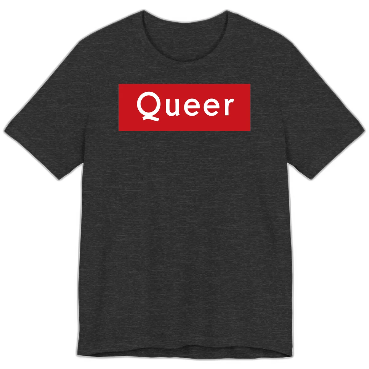 Bold white 'Queer' text on bright red background - a powerful queer pride statement design in Dark Grey Heather