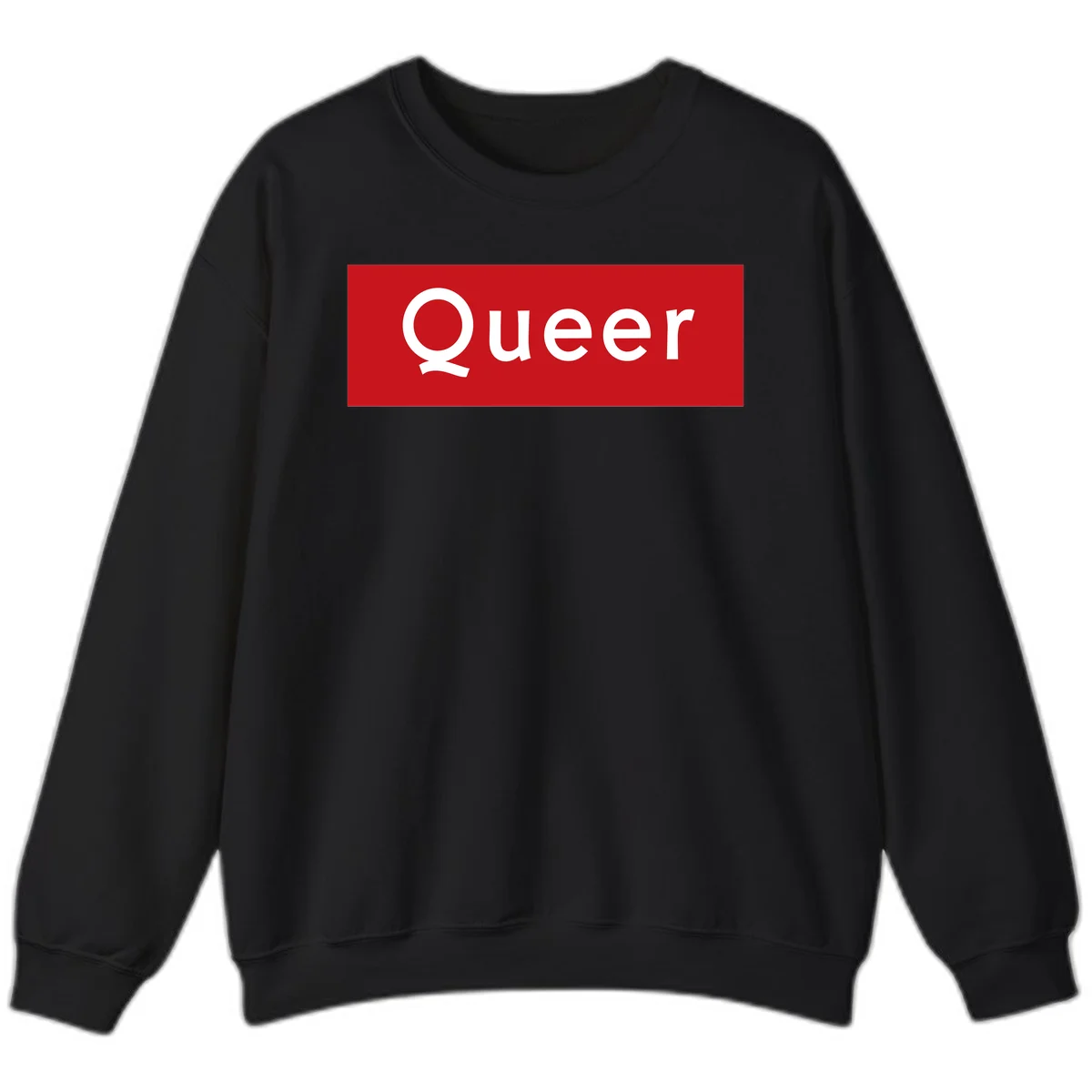 Bold white 'Queer' text on bright red background - a powerful queer pride statement design in Black
