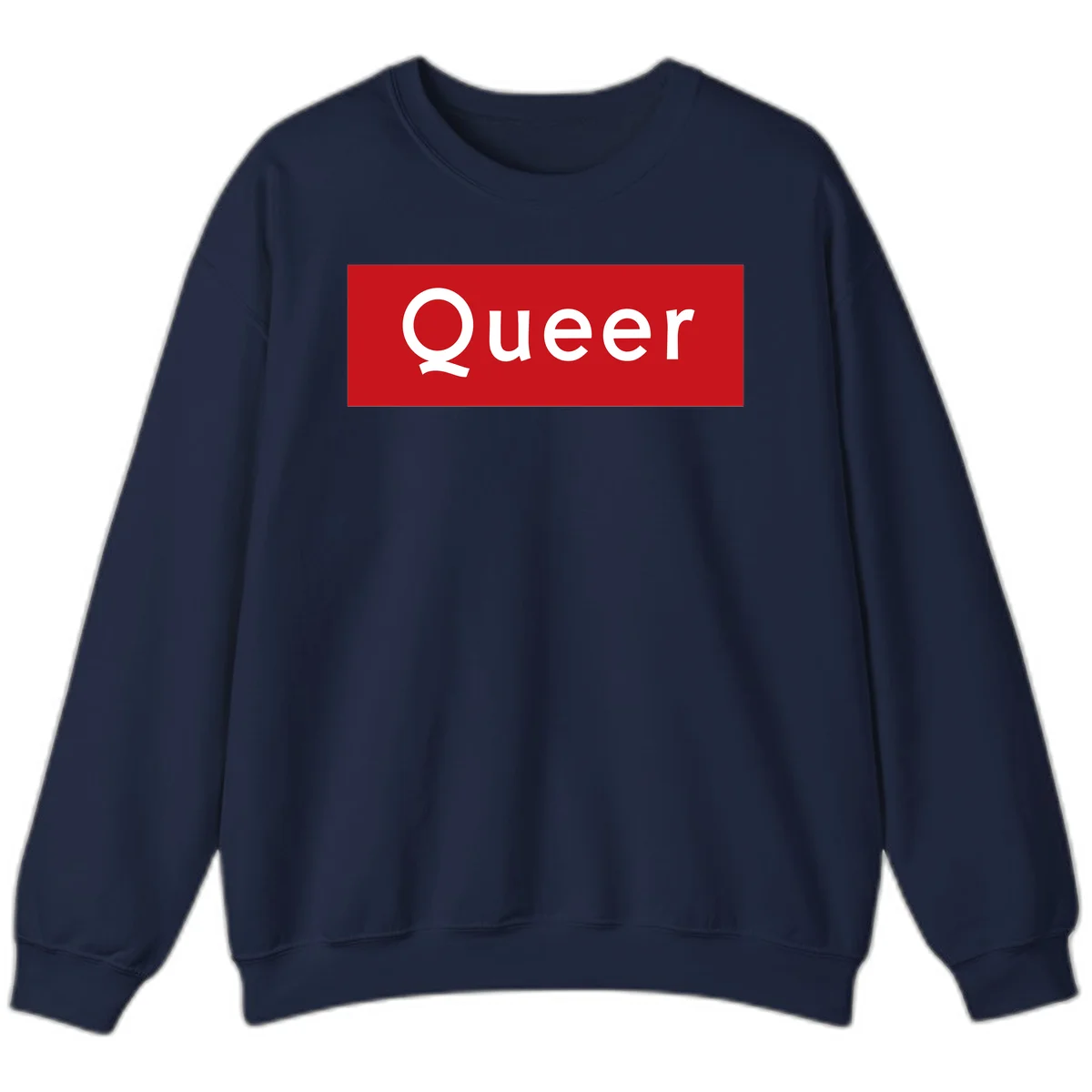 Bold white 'Queer' text on bright red background - a powerful queer pride statement design in Navy