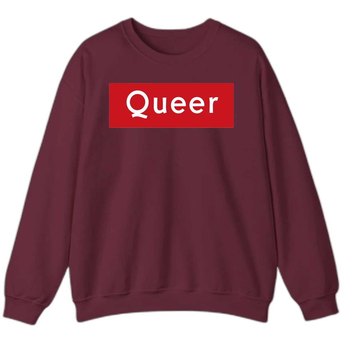 Bold white 'Queer' text on bright red background - a powerful queer pride statement design in Maroon