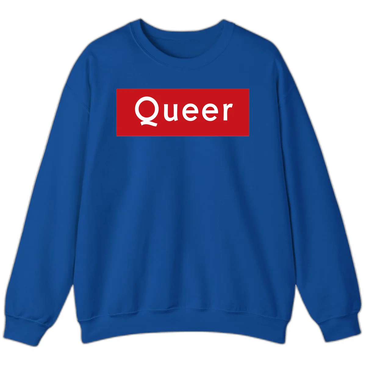 Bold white 'Queer' text on bright red background - a powerful queer pride statement design in Royal