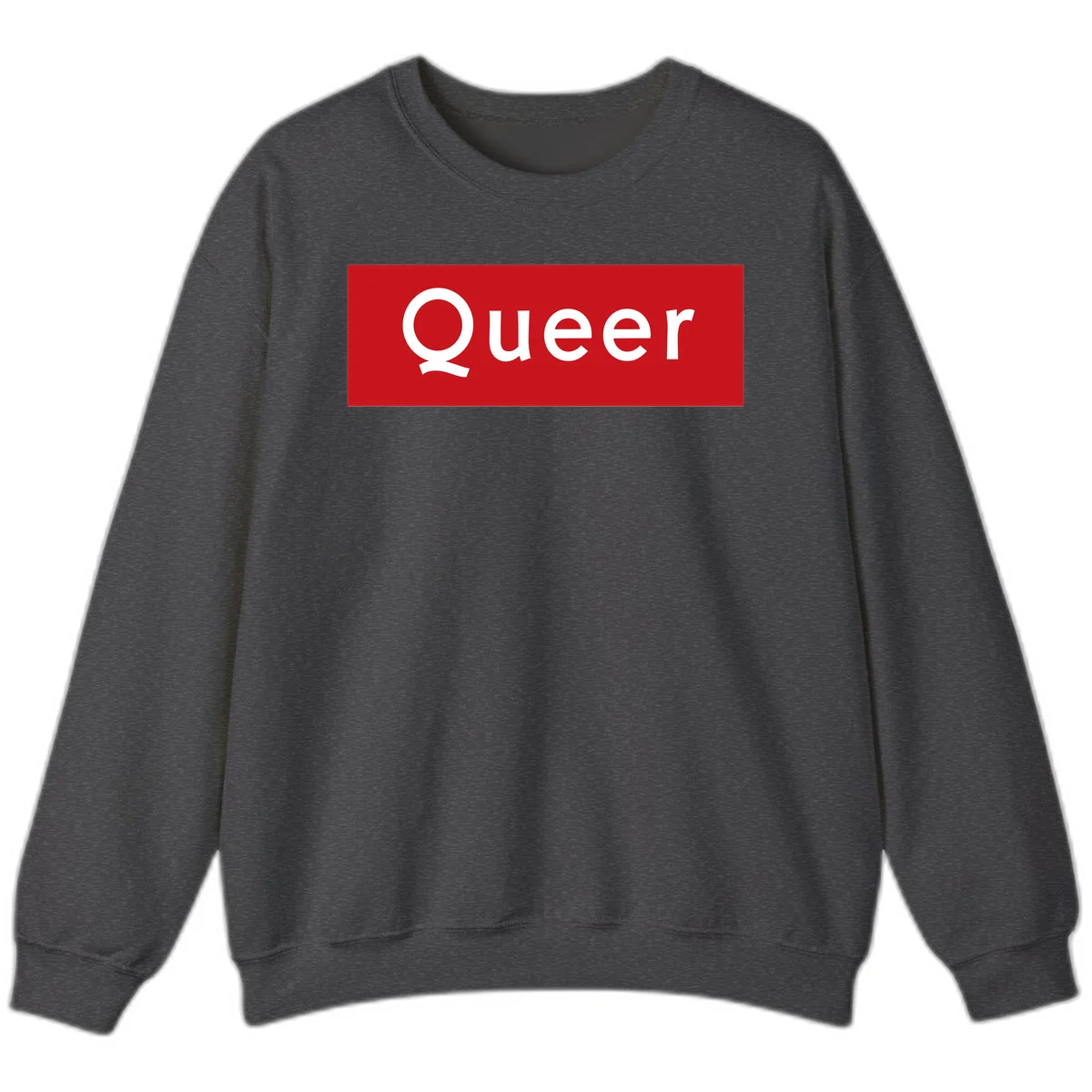Bold white 'Queer' text on bright red background - a powerful queer pride statement design in Dark Heather