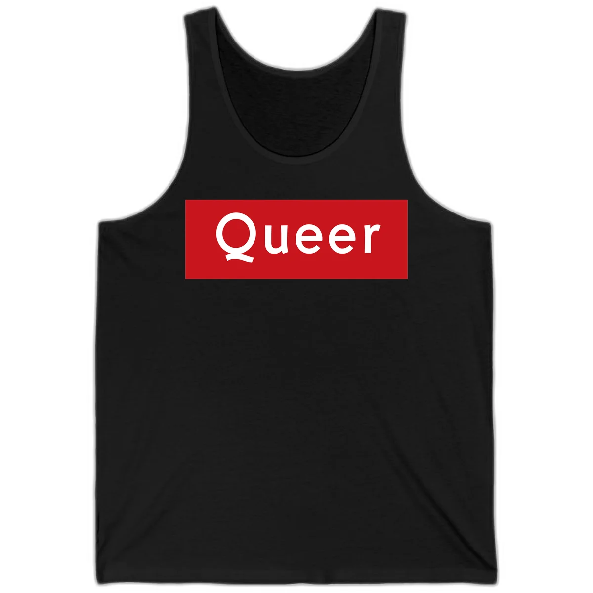 Bold white 'Queer' text on bright red background - a powerful queer pride statement design in Black