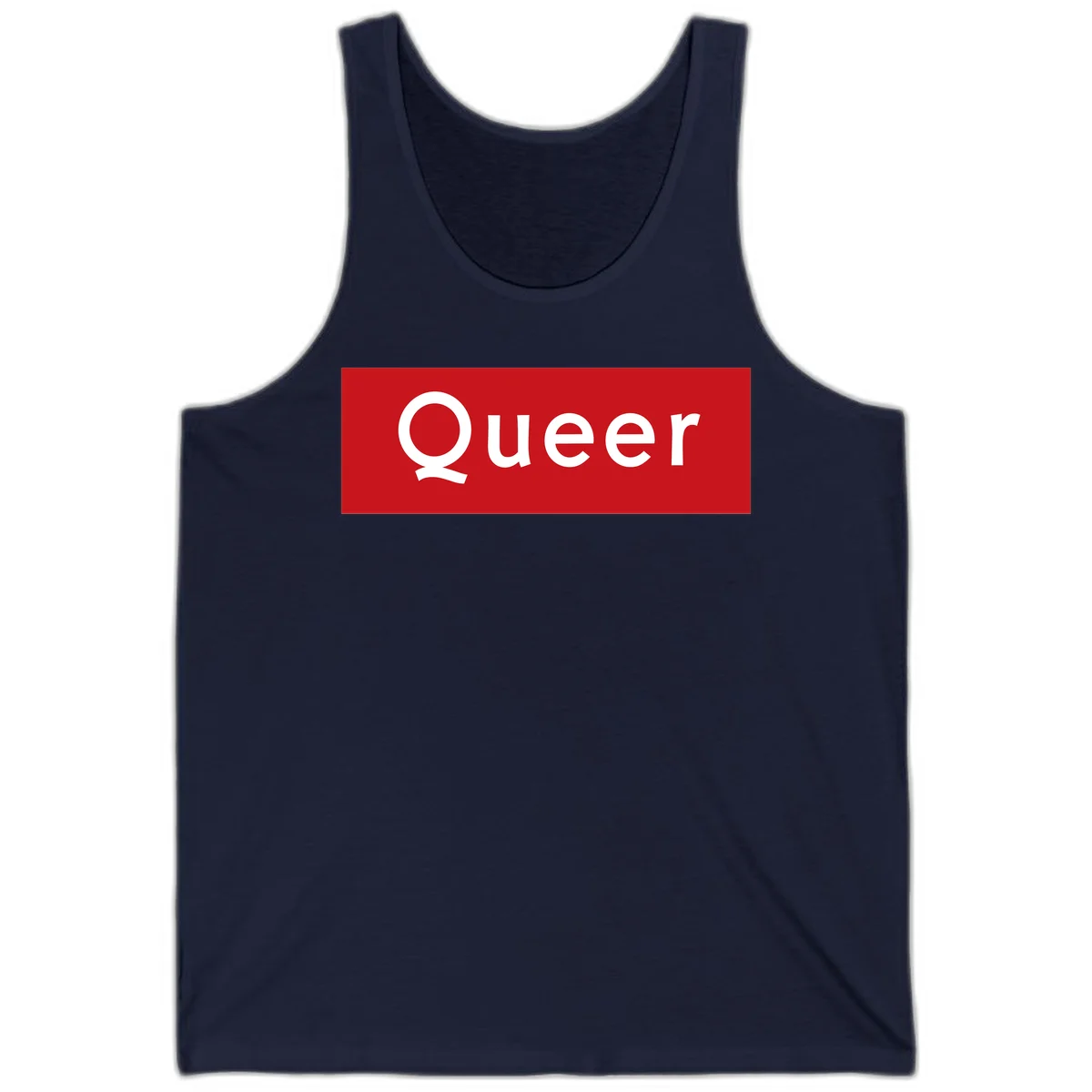 Bold white 'Queer' text on bright red background - a powerful queer pride statement design in Navy