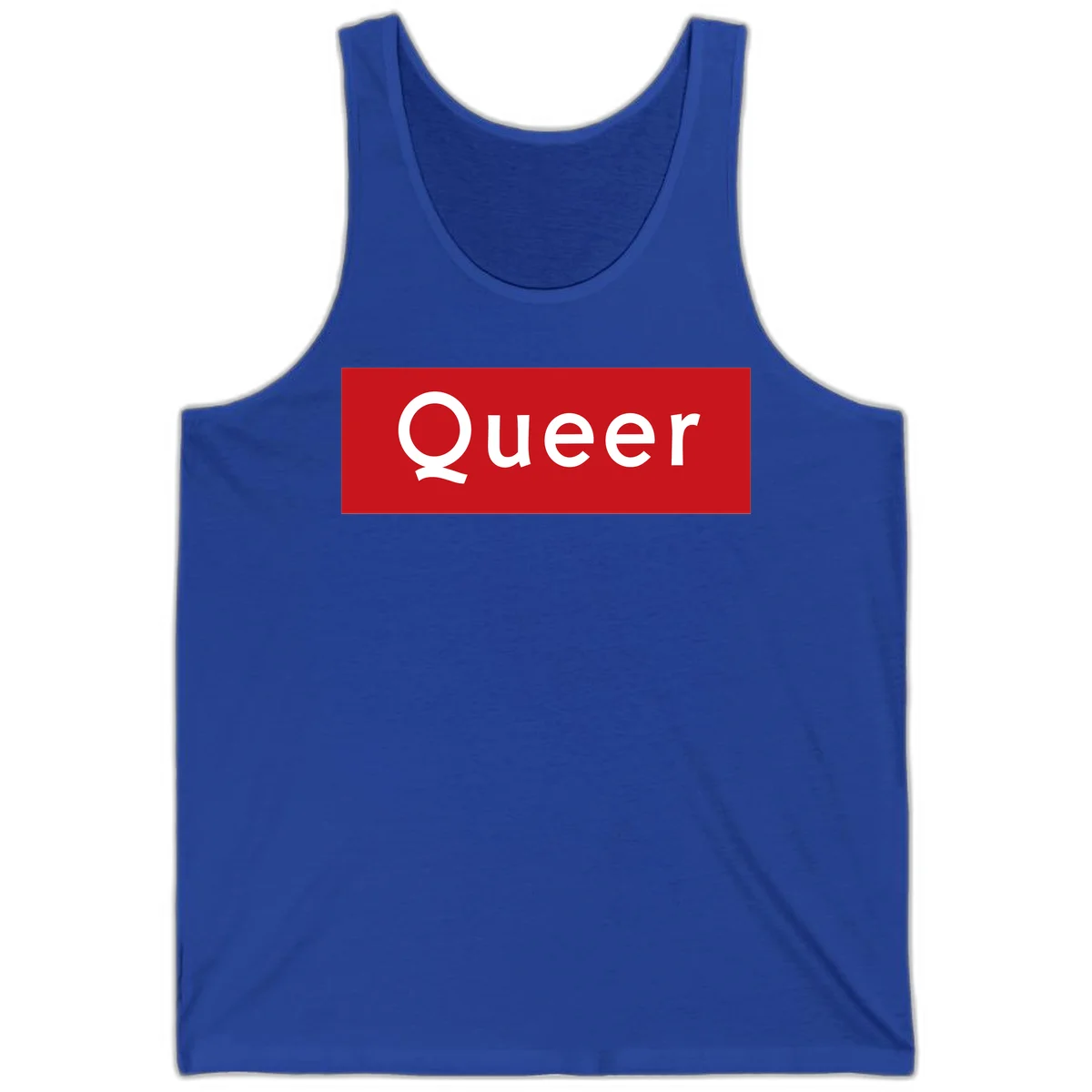 Bold white 'Queer' text on bright red background - a powerful queer pride statement design in True Royal