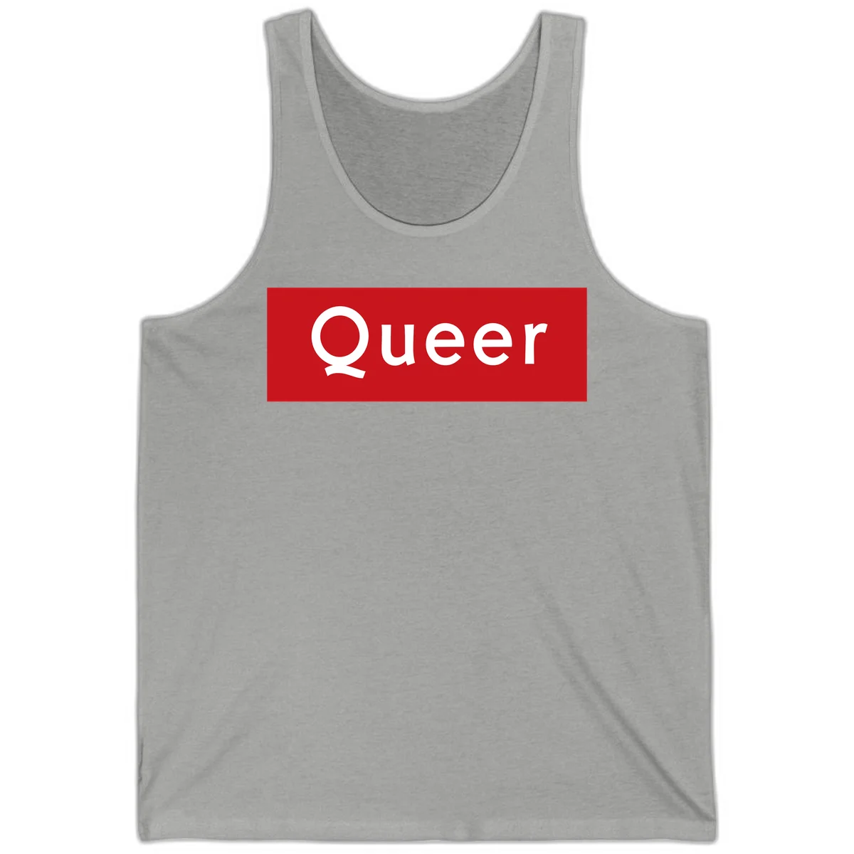 Bold white 'Queer' text on bright red background - a powerful queer pride statement design in Athletic Heather