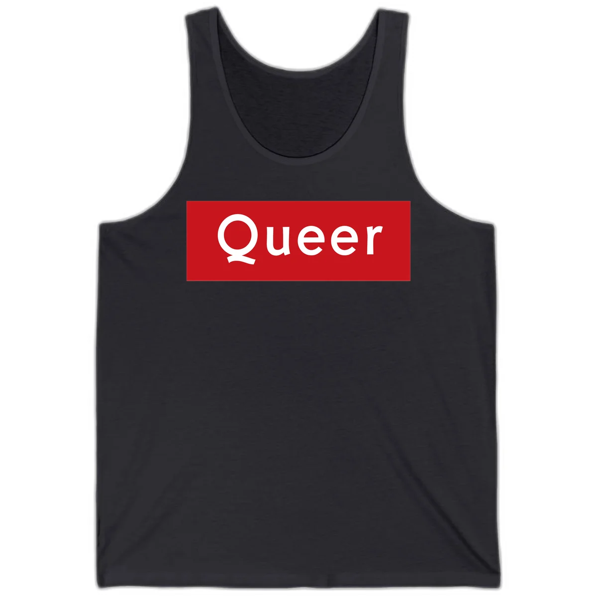 Bold white 'Queer' text on bright red background - a powerful queer pride statement design in Dark Grey