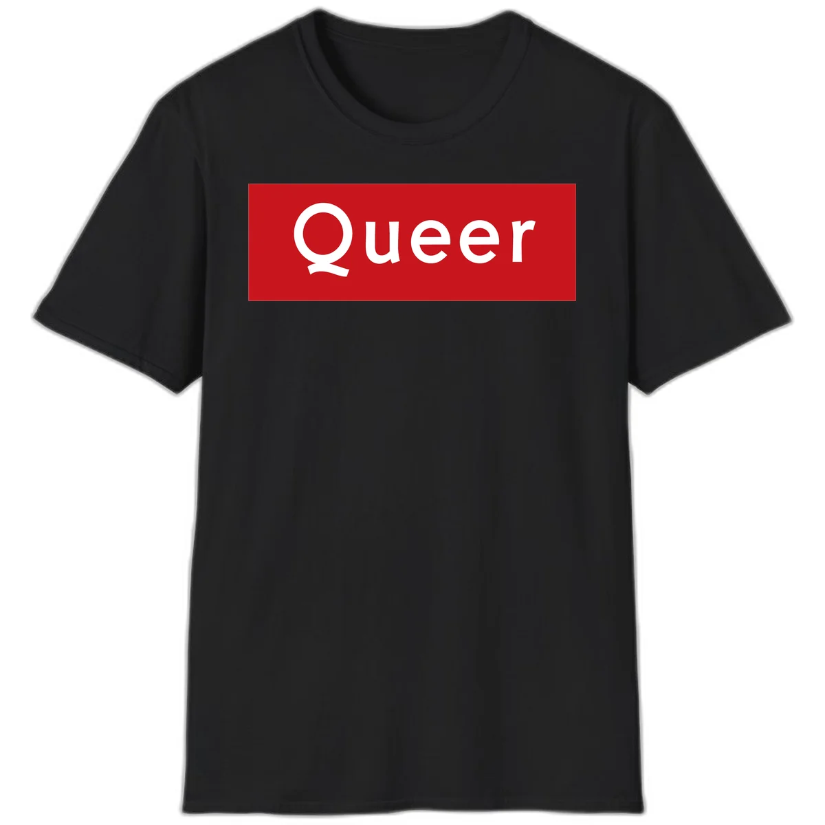 Bold white 'Queer' text on bright red background - a powerful queer pride statement design in Black