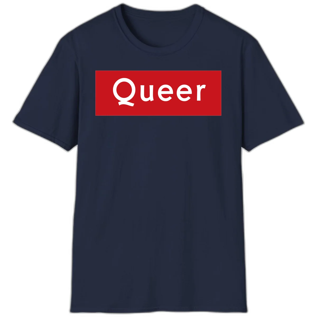 Bold white 'Queer' text on bright red background - a powerful queer pride statement design in Navy