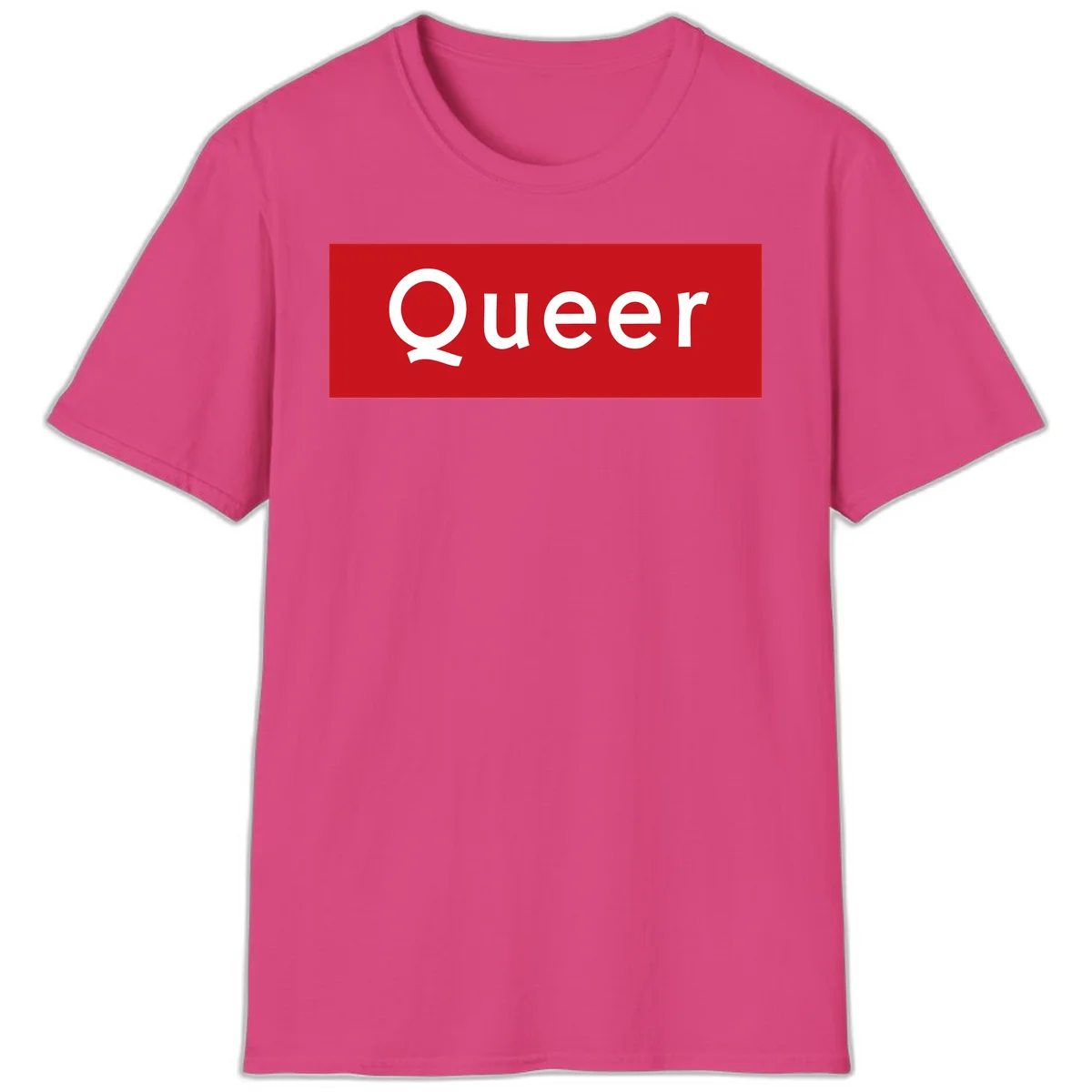 Bold white 'Queer' text on bright red background - a powerful queer pride statement design in Heliconia