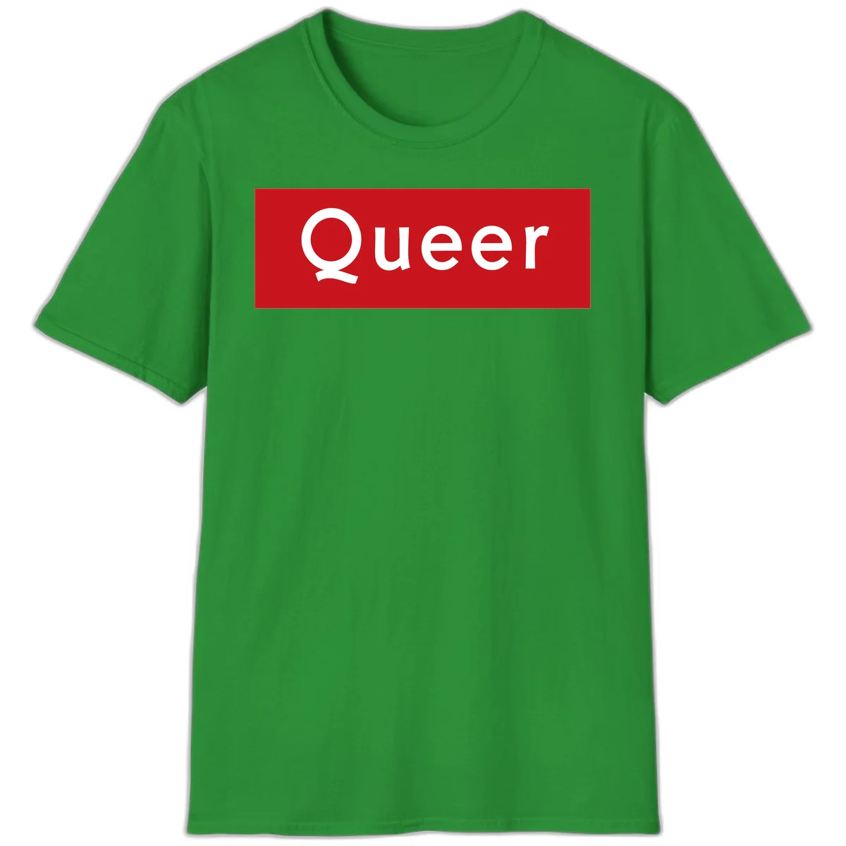 Bold white 'Queer' text on bright red background - a powerful queer pride statement design in Irish Green